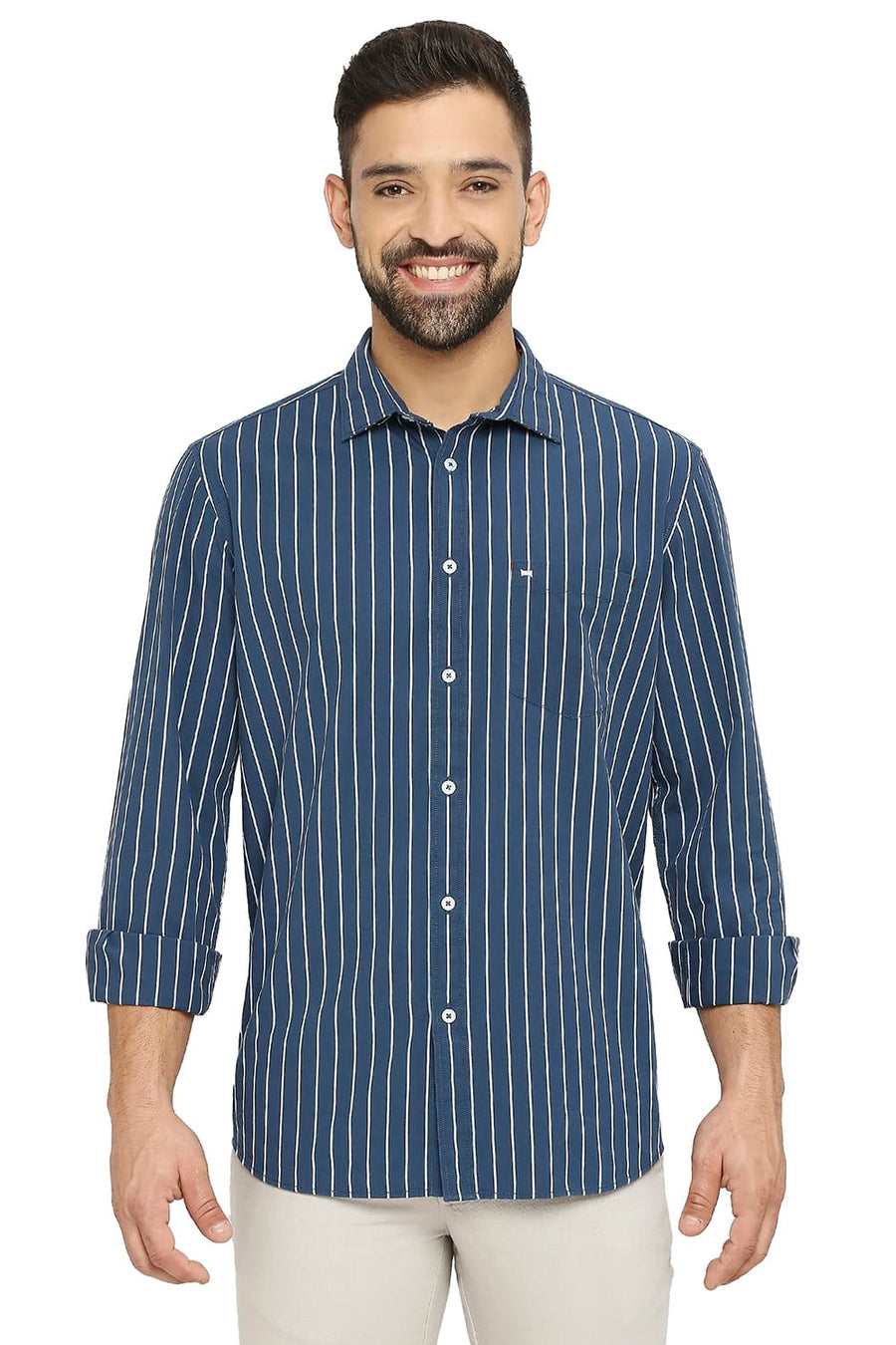 BASICS SLIM FIT LEGION BLUE COTTON STRIPE SHIRT