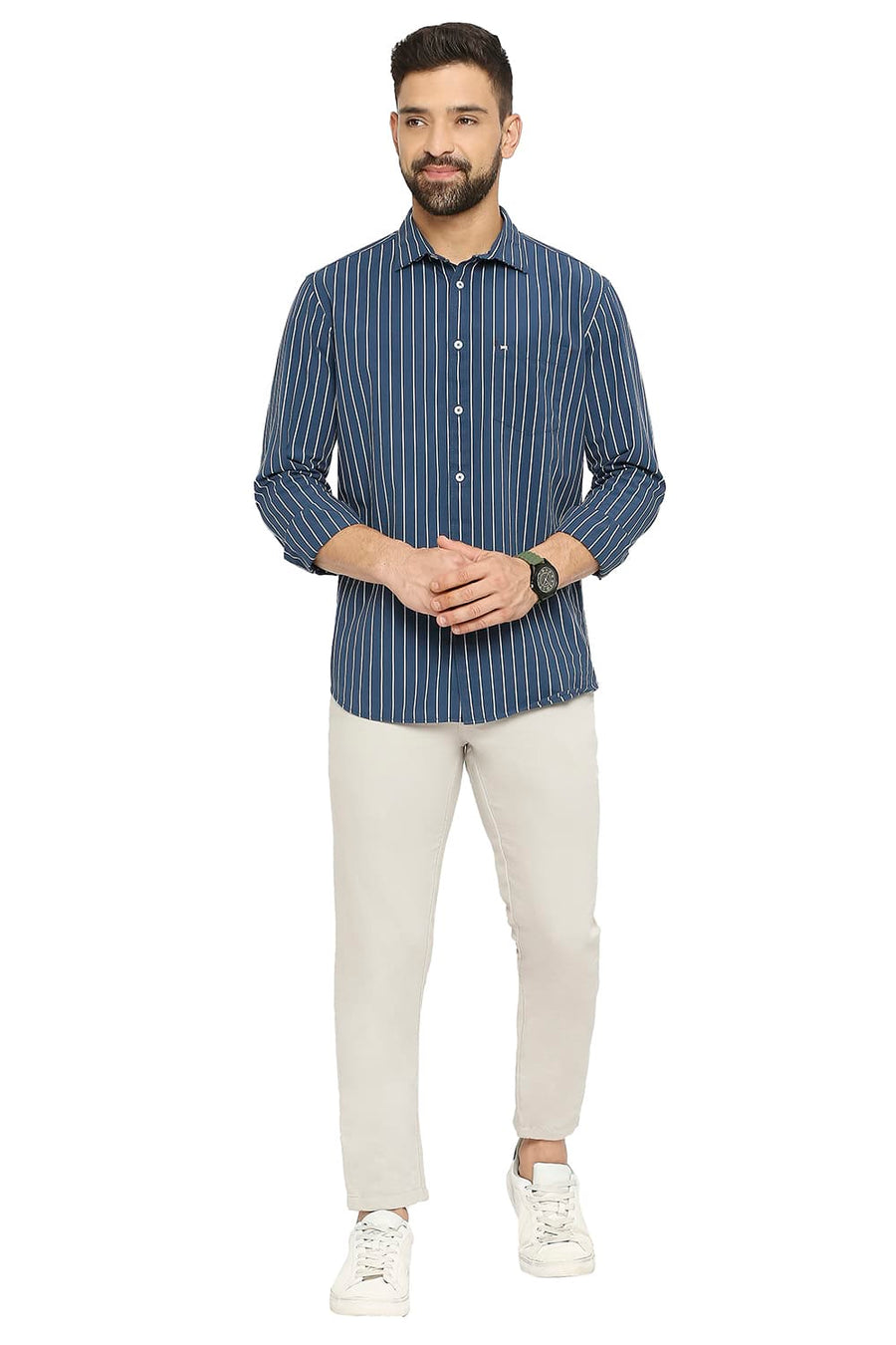 BASICS SLIM FIT LEGION BLUE COTTON STRIPE SHIRT
