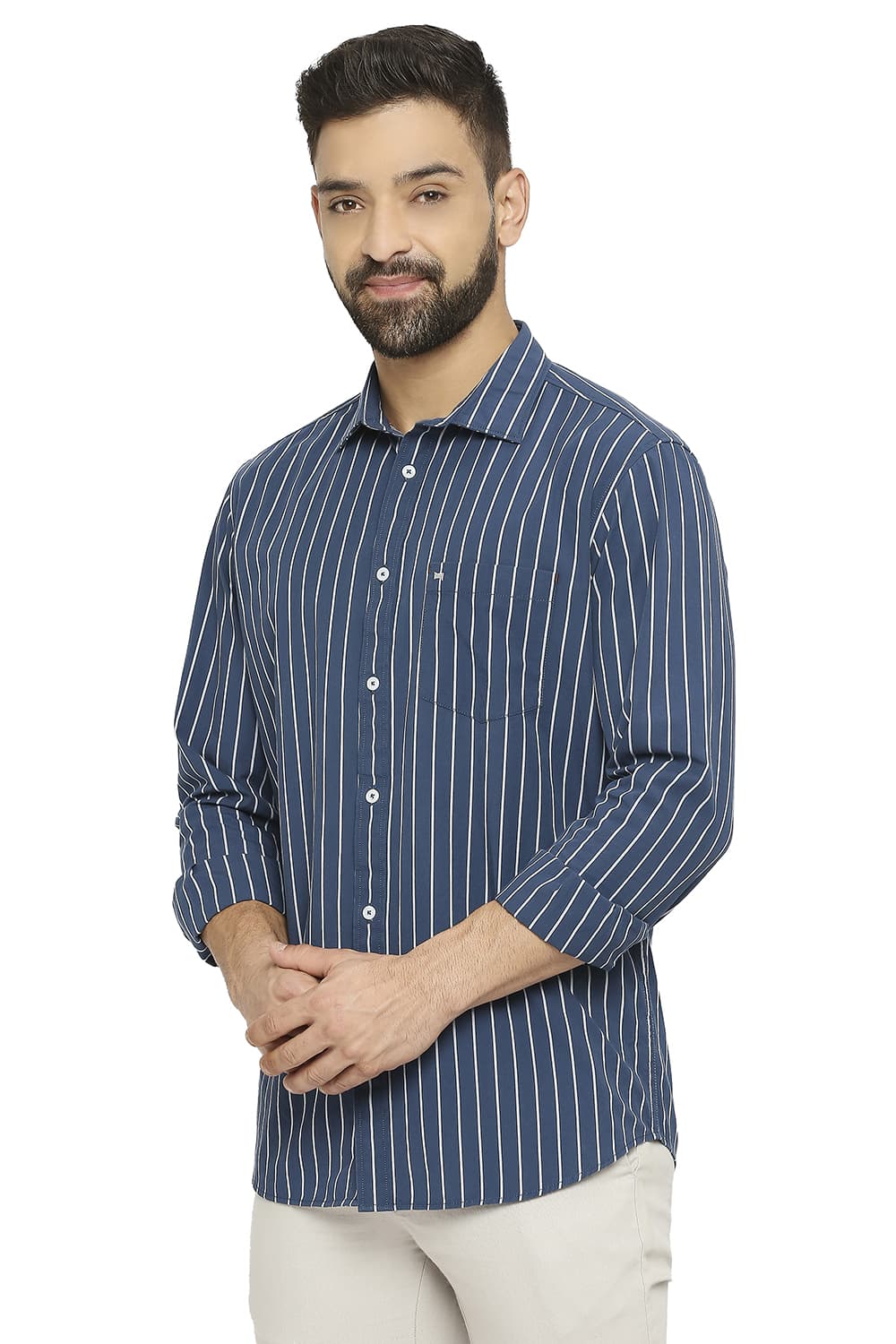 BASICS SLIM FIT COTTON STRIPE SHIRT