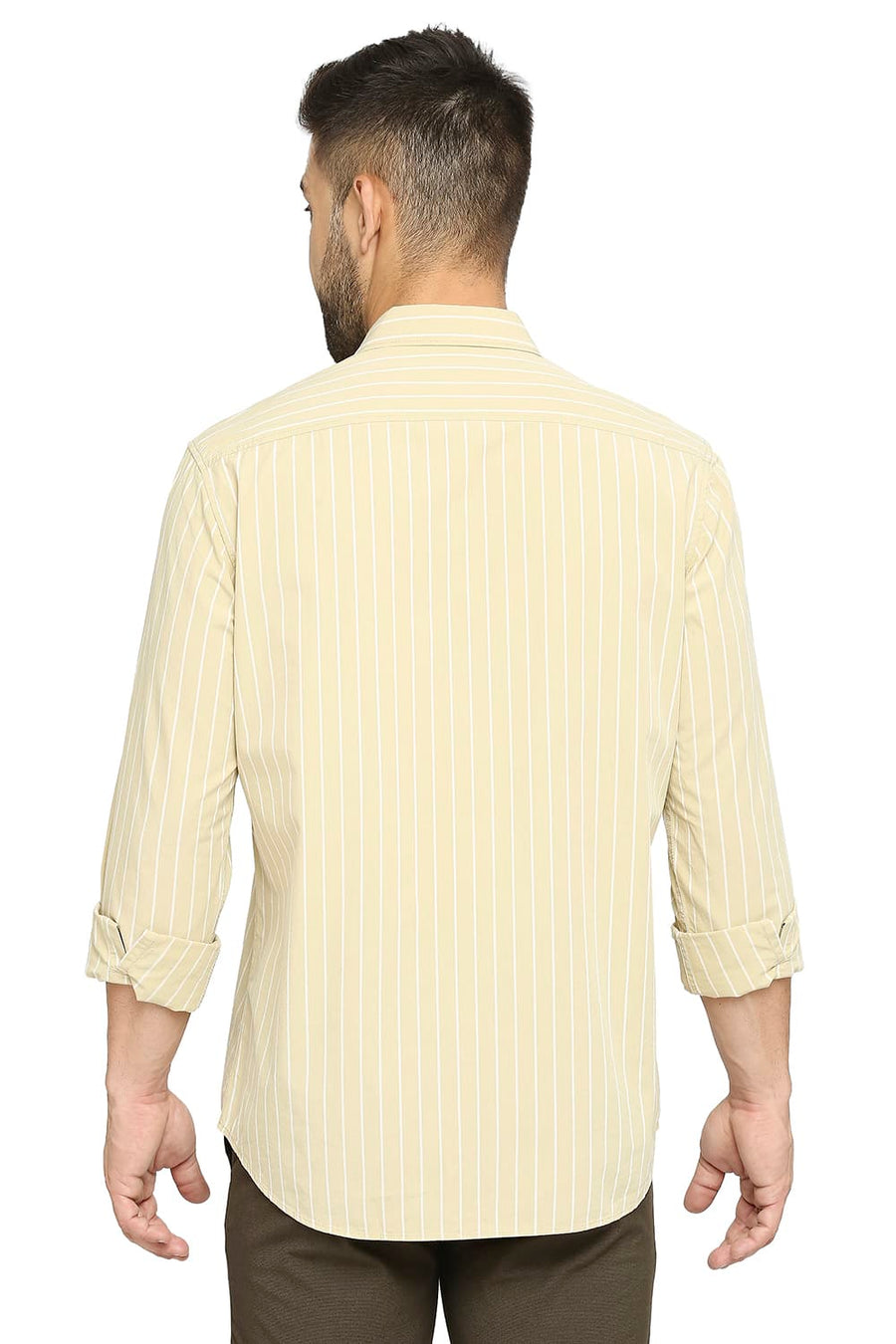 BASICS SLIM FIT DOUBLE CREAM BEIGE COTTON STRIPE SHIRT