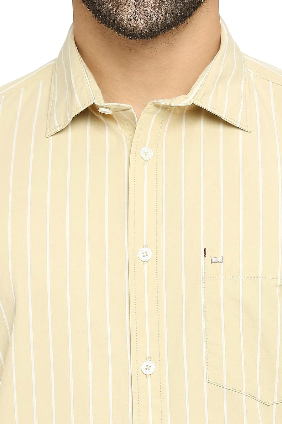 BASICS SLIM FIT DOUBLE CREAM BEIGE COTTON STRIPE SHIRT