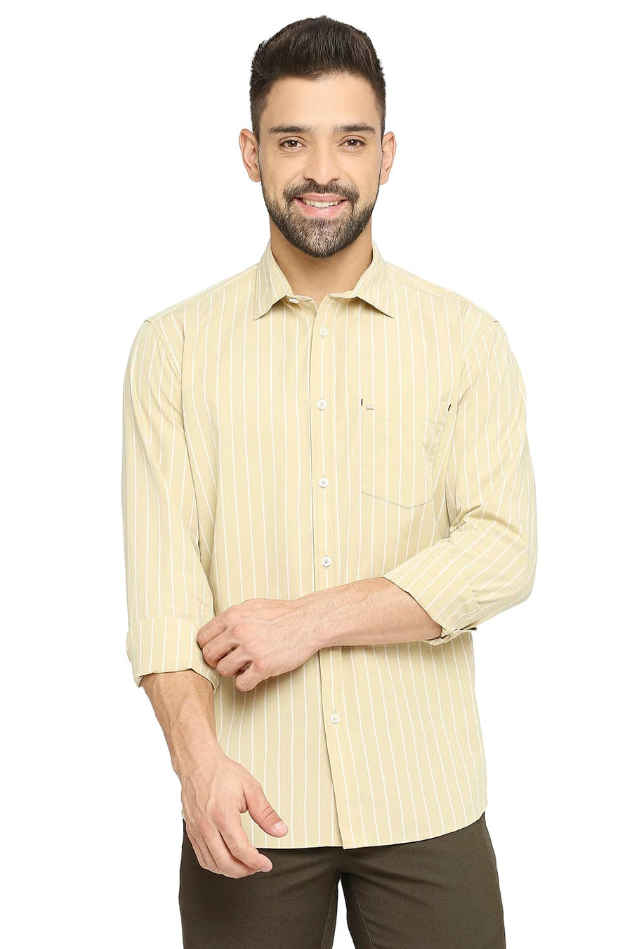 BASICS SLIM FIT DOUBLE CREAM BEIGE COTTON STRIPE SHIRT