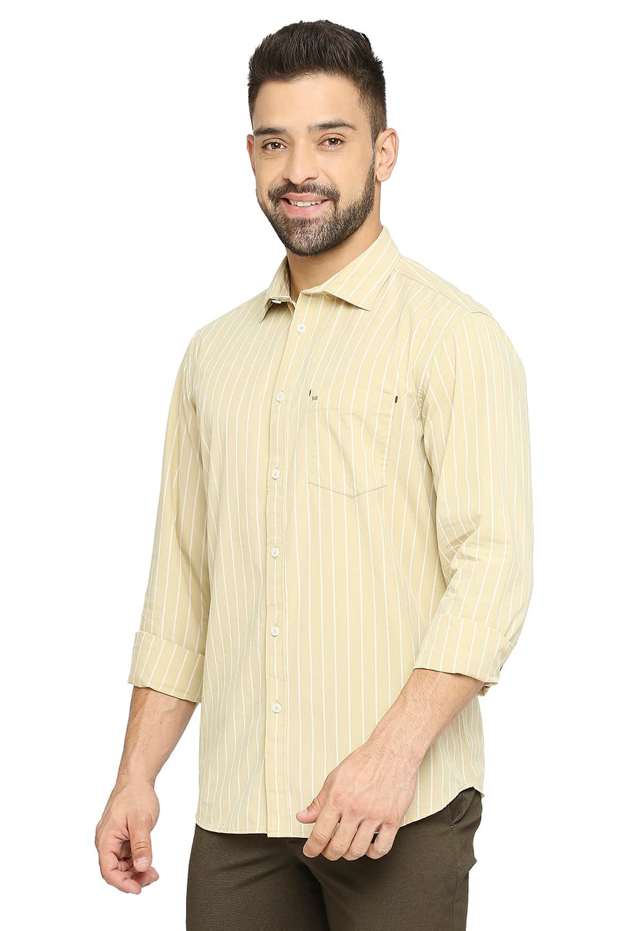 BASICS SLIM FIT DOUBLE CREAM BEIGE COTTON STRIPE SHIRT