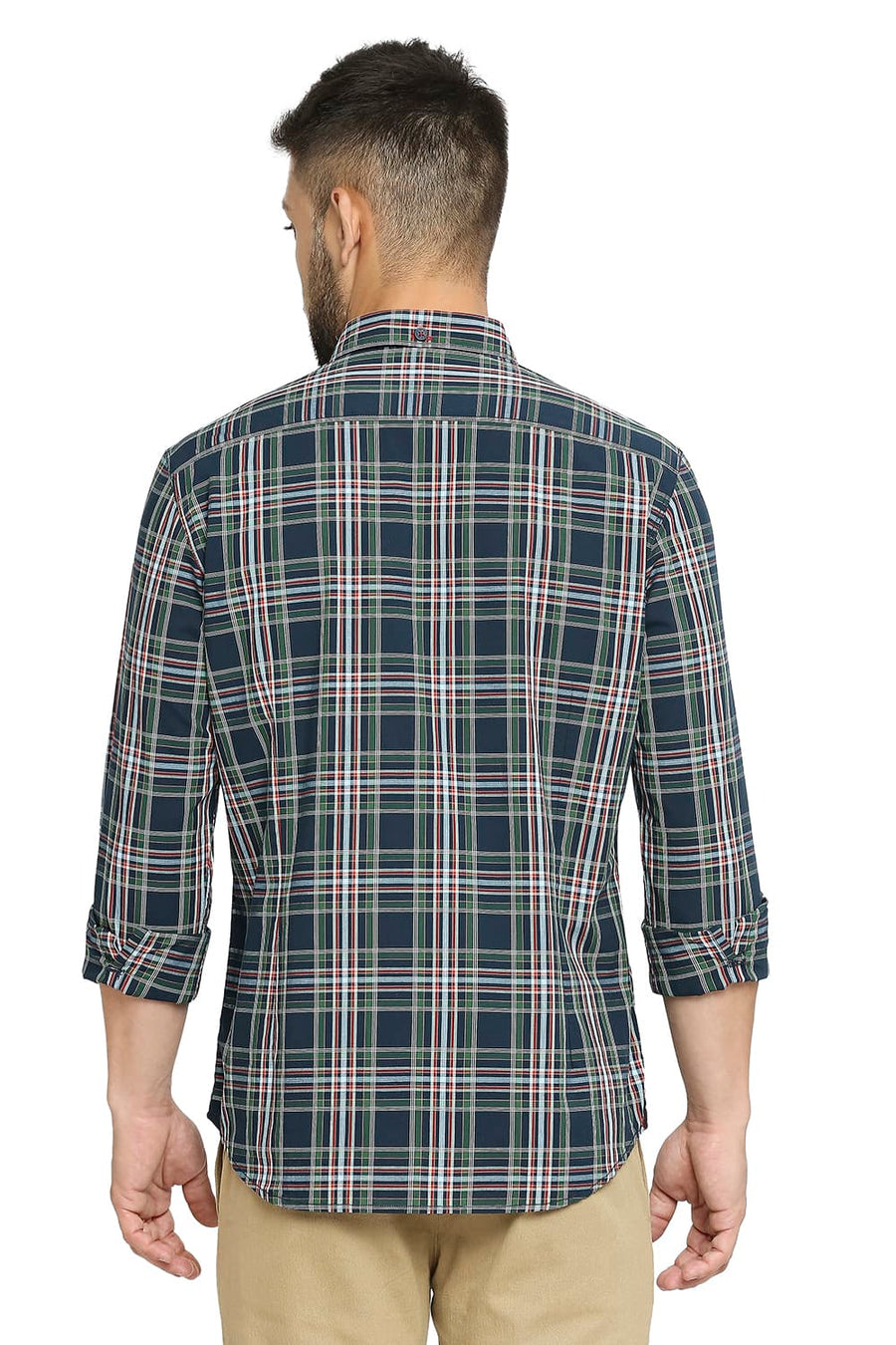 BASICS SLIM FIT DUTCH NAVY COTTON CHECKS SHIRT