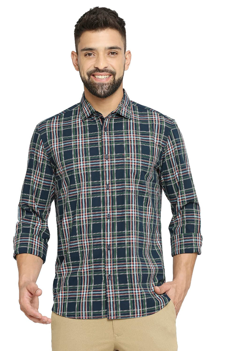 BASICS SLIM FIT DUTCH NAVY COTTON CHECKS SHIRT