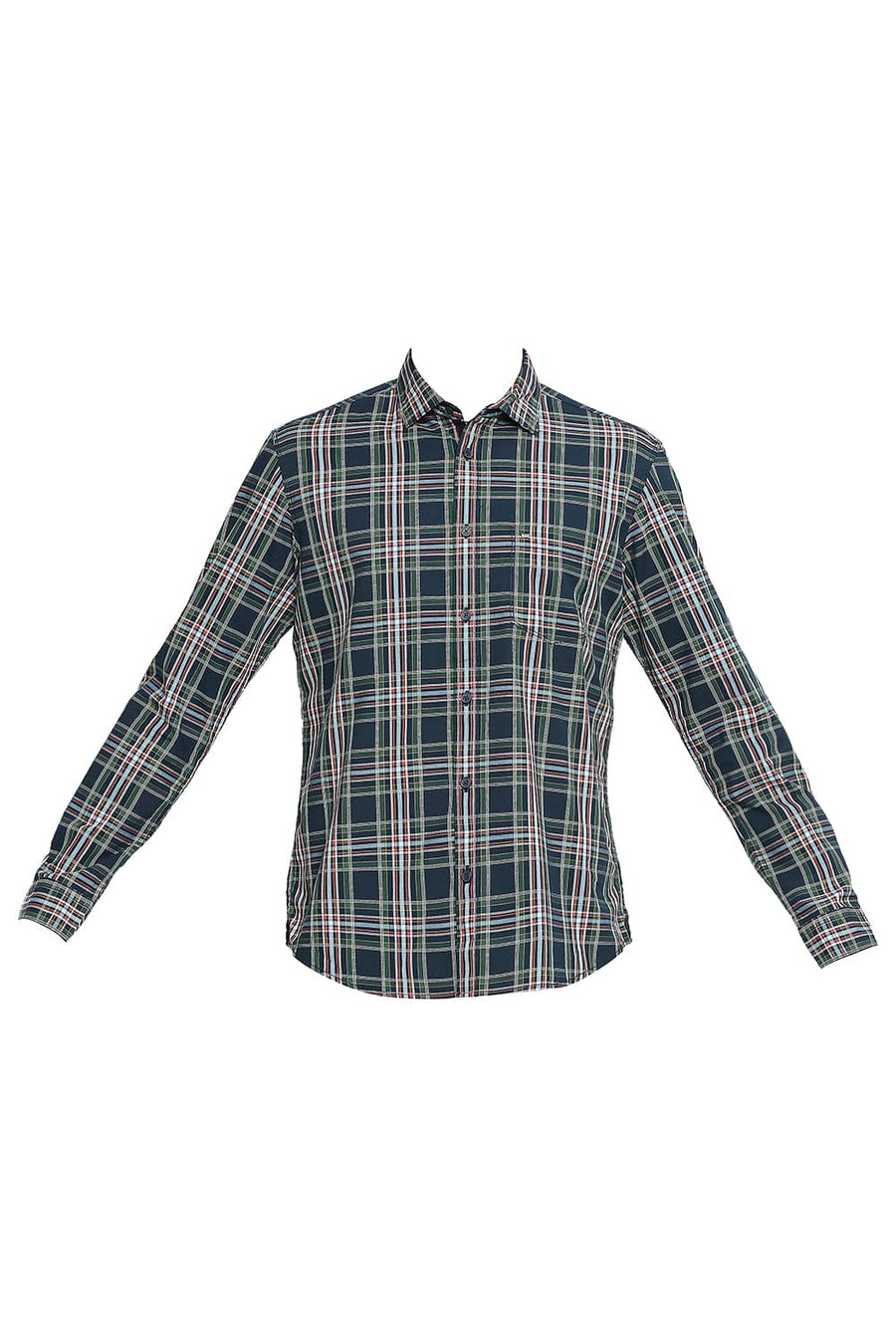 BASICS SLIM FIT DUTCH NAVY COTTON CHECKS SHIRT