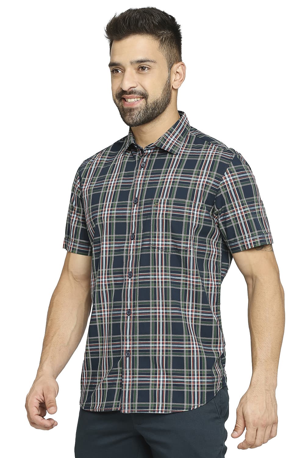 BASICS SLIM FIT COTTON CHECKS HALFSLEEVES SHIRT