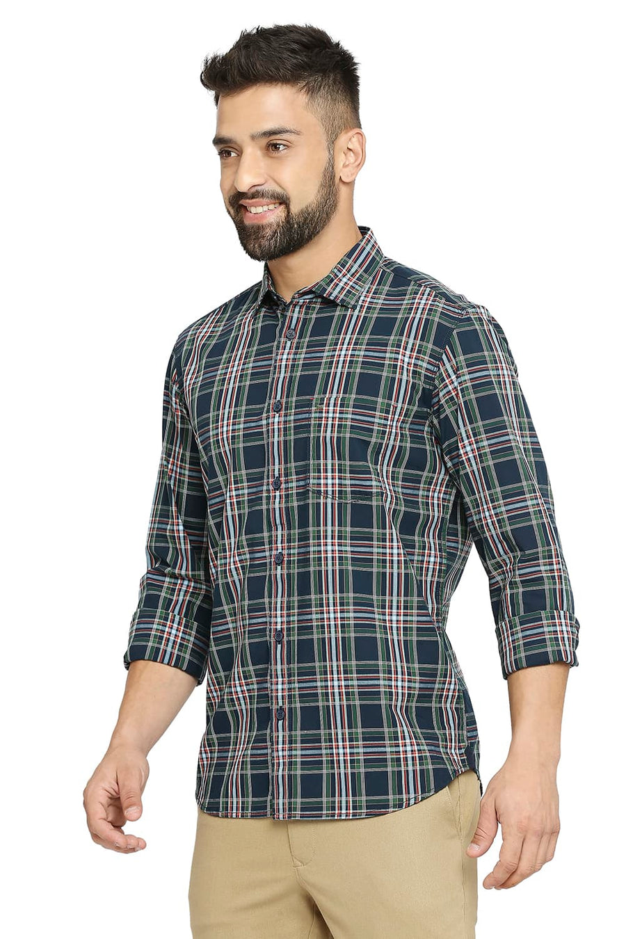BASICS SLIM FIT DUTCH NAVY COTTON CHECKS SHIRT