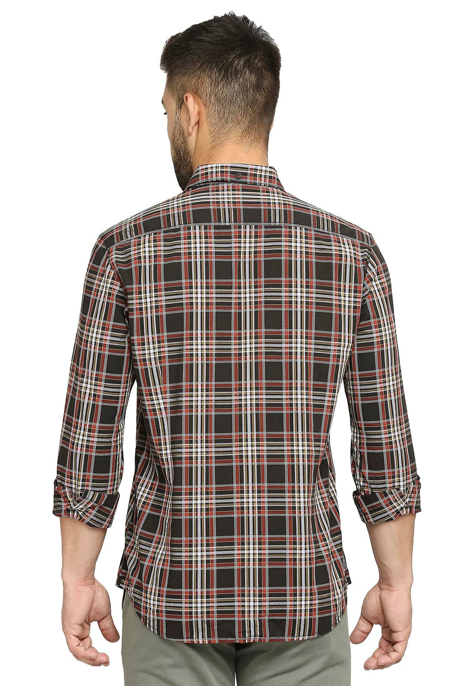 BASICS SLIM FIT CAPULET OLIVE COTTON CHECKS SHIRT