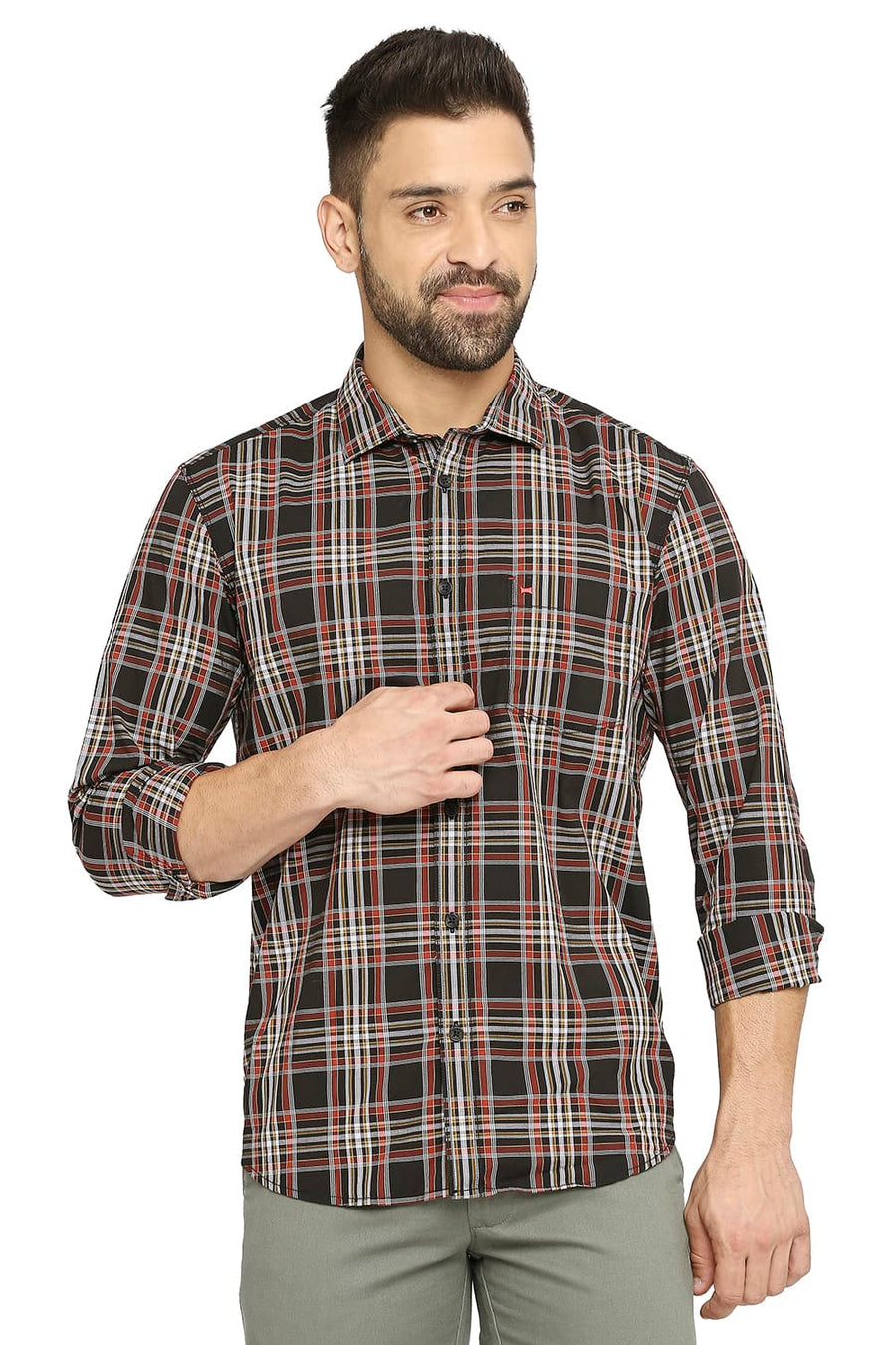 BASICS SLIM FIT CAPULET OLIVE COTTON CHECKS SHIRT