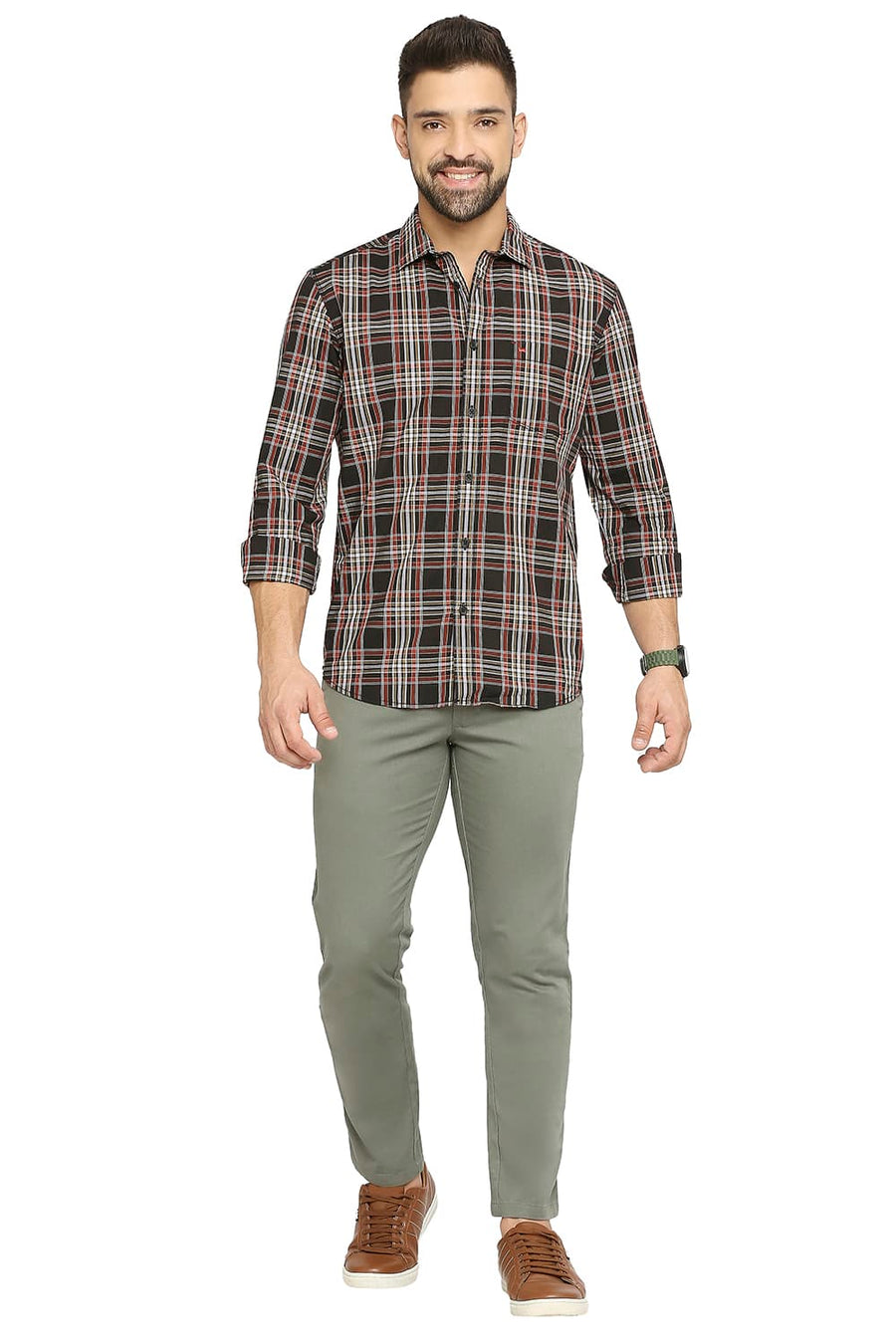 BASICS SLIM FIT CAPULET OLIVE COTTON CHECKS SHIRT