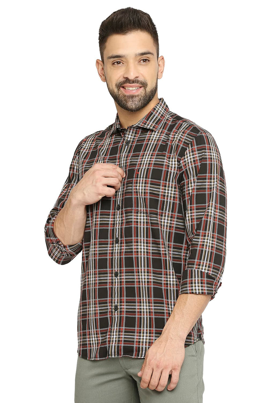 BASICS SLIM FIT CAPULET OLIVE COTTON CHECKS SHIRT