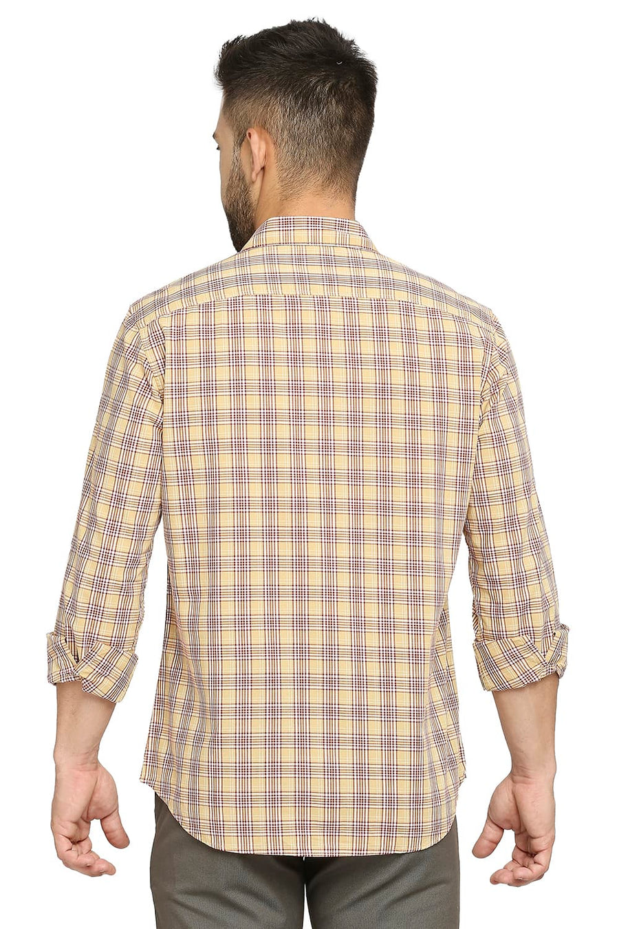 BASICS SLIM FIT LARK BEIGE COTTON CHECKS SHIRT