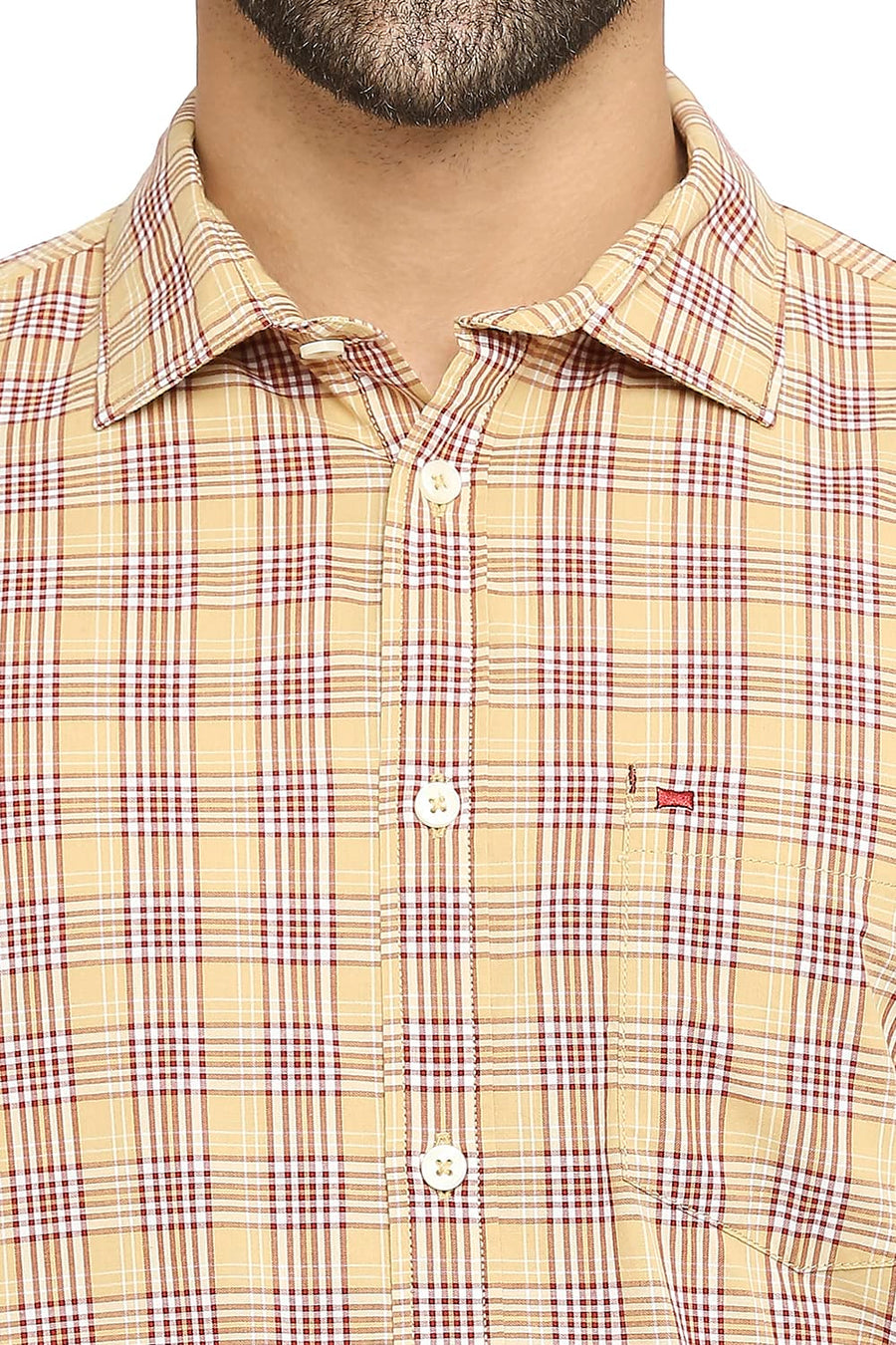 BASICS SLIM FIT LARK BEIGE COTTON CHECKS SHIRT
