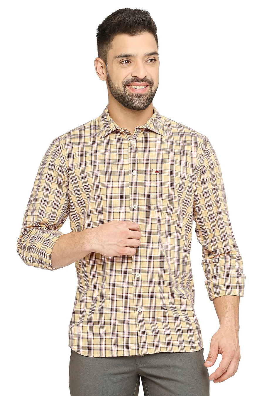 BASICS SLIM FIT LARK BEIGE COTTON CHECKS SHIRT