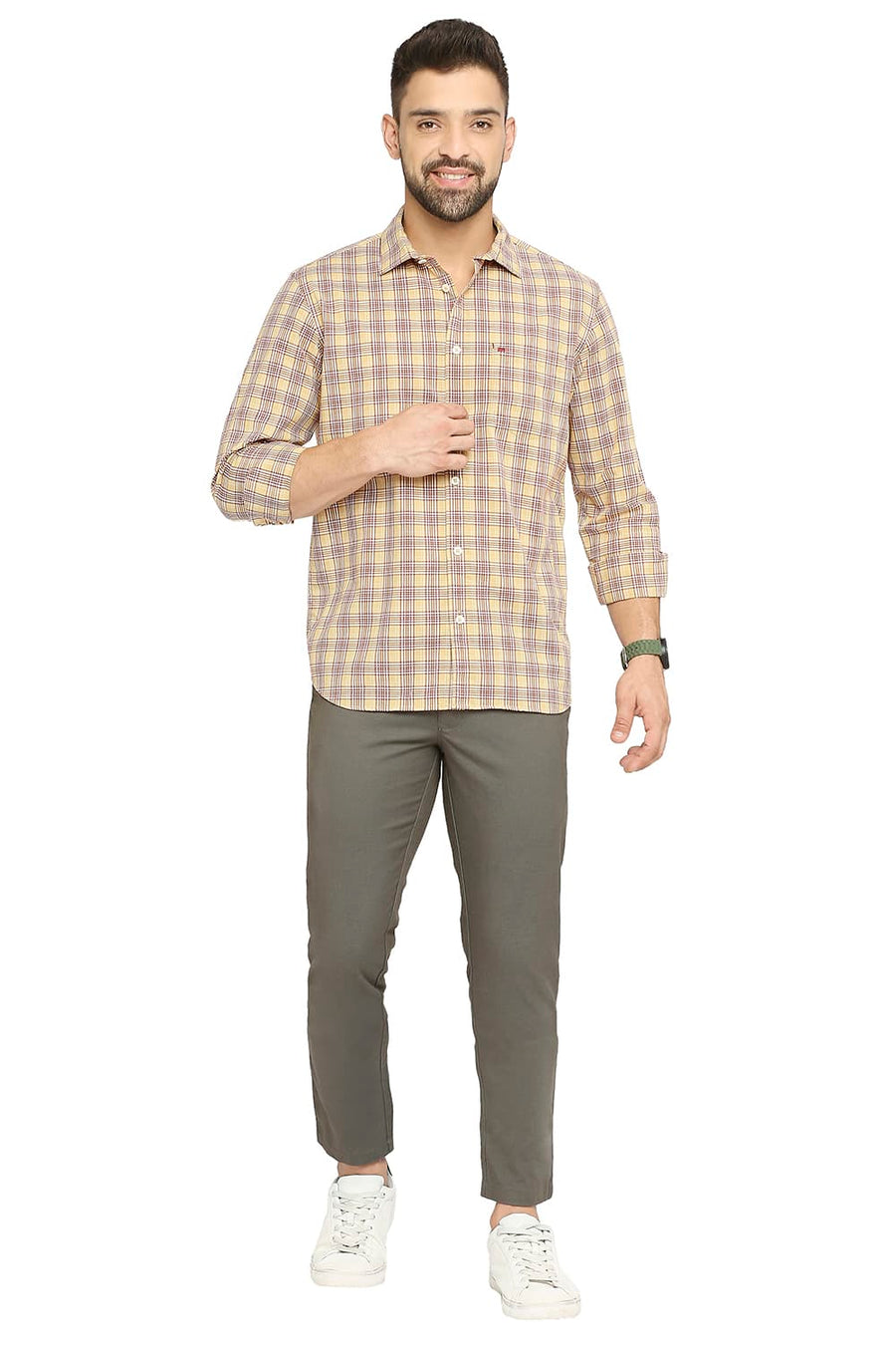 BASICS SLIM FIT LARK BEIGE COTTON CHECKS SHIRT