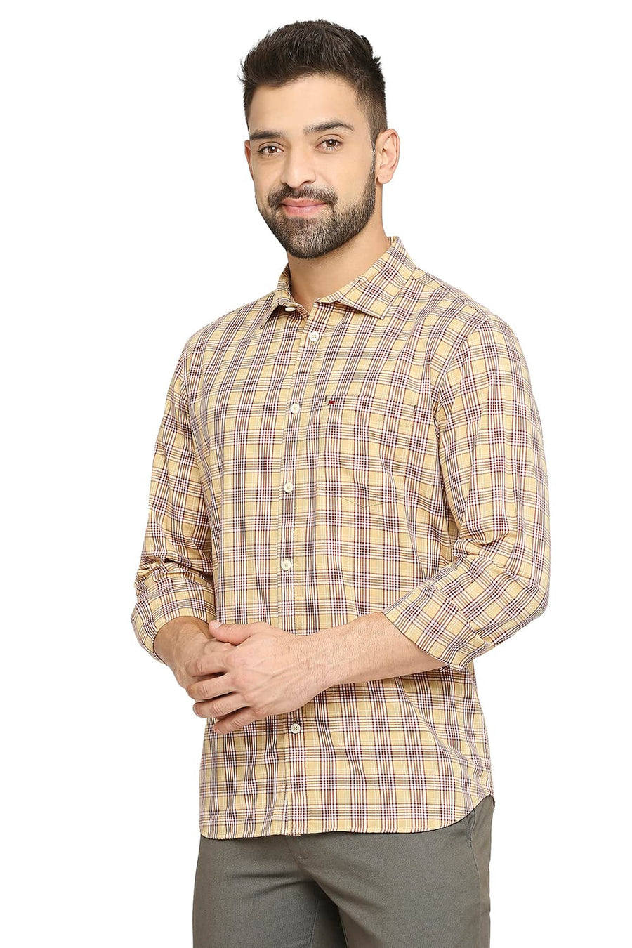 BASICS SLIM FIT LARK BEIGE COTTON CHECKS SHIRT