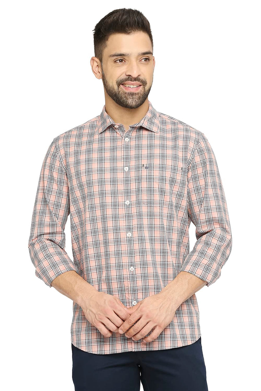 BASICS SLIM FIT BELLINI PEACH COTTON CHECKS SHIRT