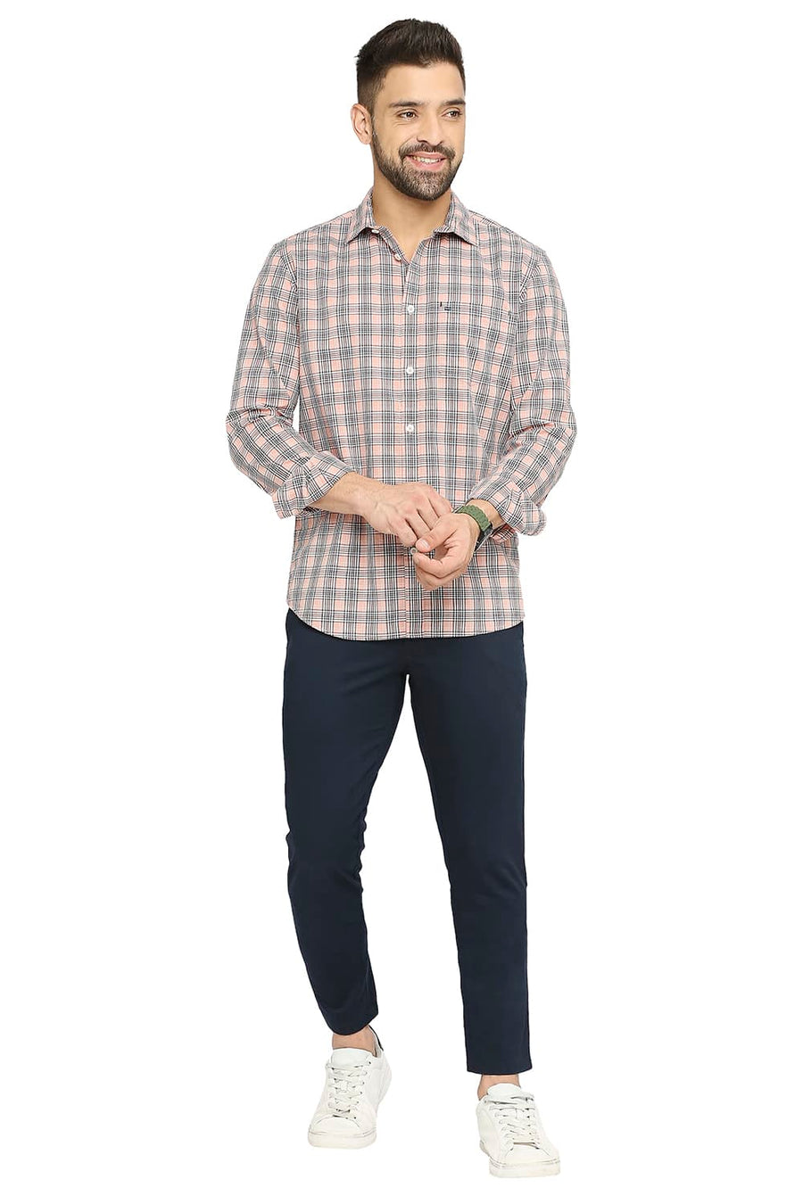 BASICS SLIM FIT BELLINI PEACH COTTON CHECKS SHIRT