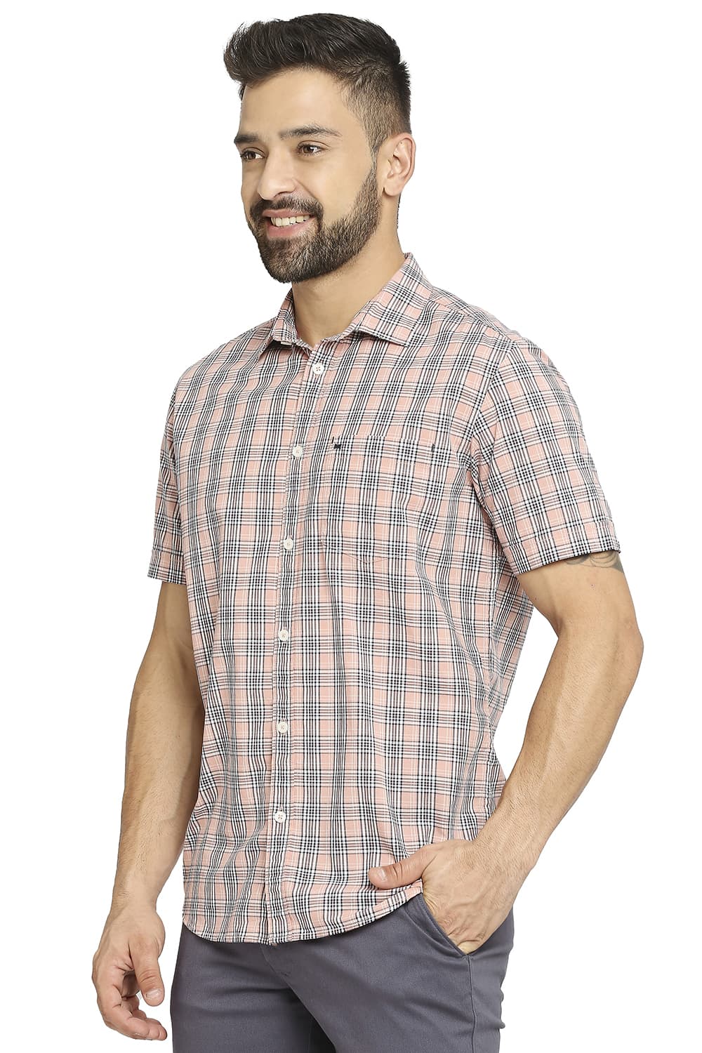 BASICS SLIM FIT COTTON CHECKS HALFSLEEVES SHIRT