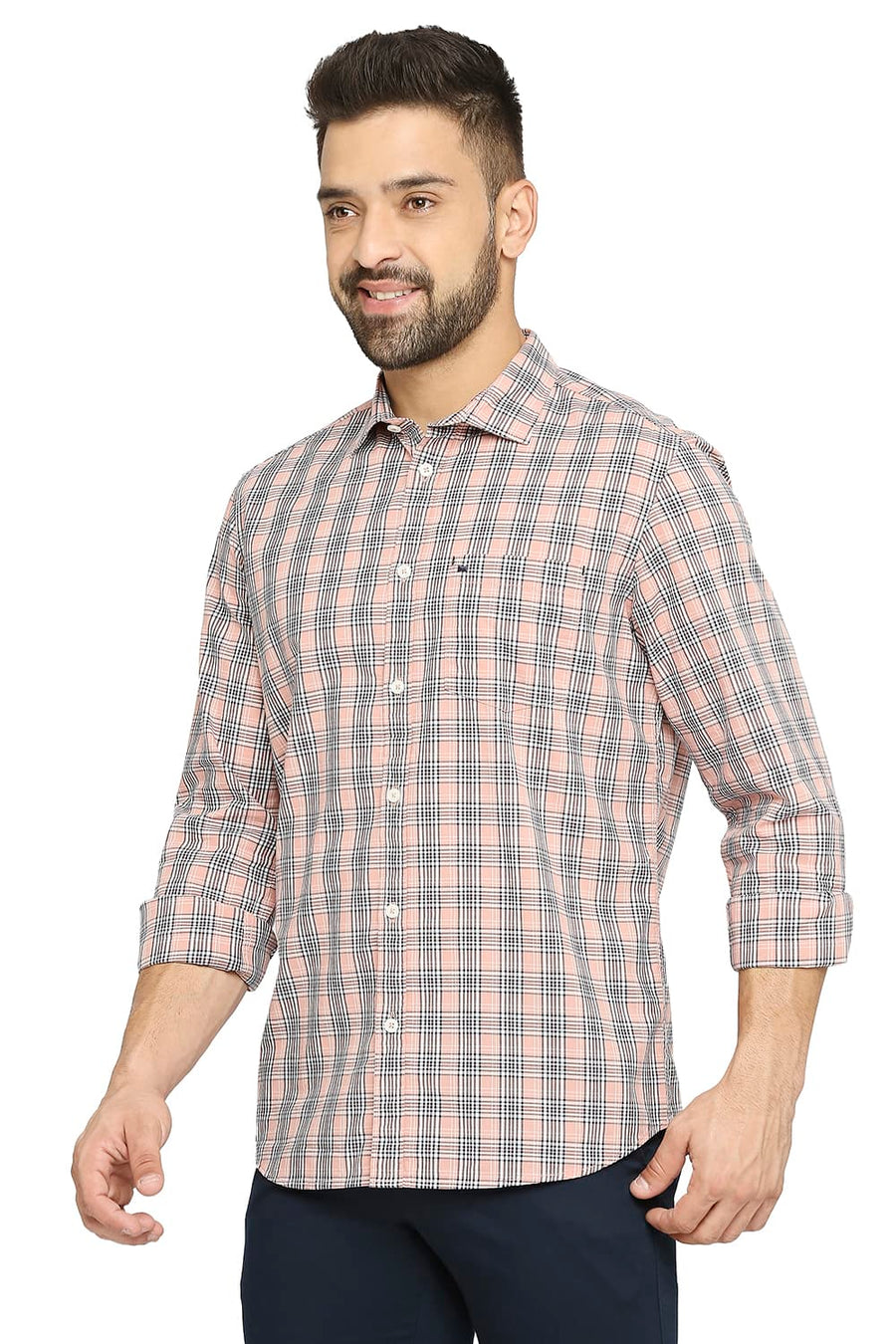 BASICS SLIM FIT BELLINI PEACH COTTON CHECKS SHIRT