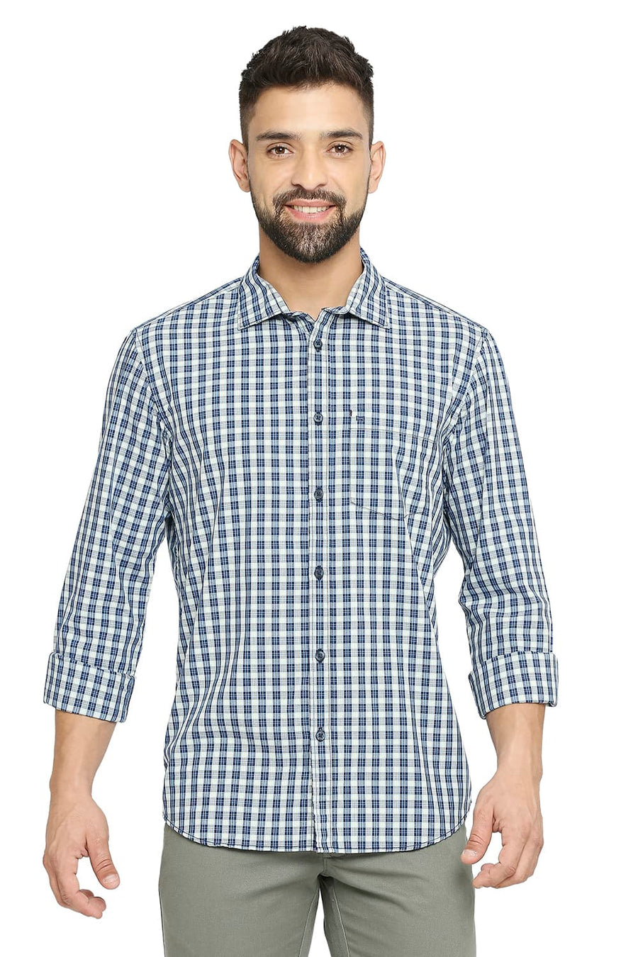 BASICS SLIM FIT TWILIGHT BLUE COTTON POLYESTER CHECKS SHIRT