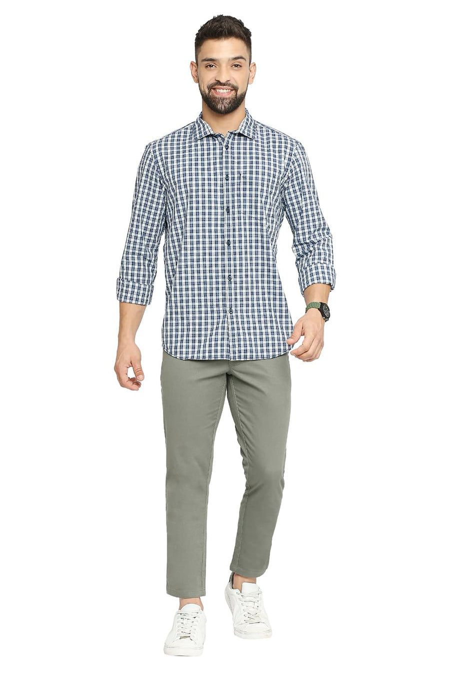 BASICS SLIM FIT TWILIGHT BLUE COTTON POLYESTER CHECKS SHIRT