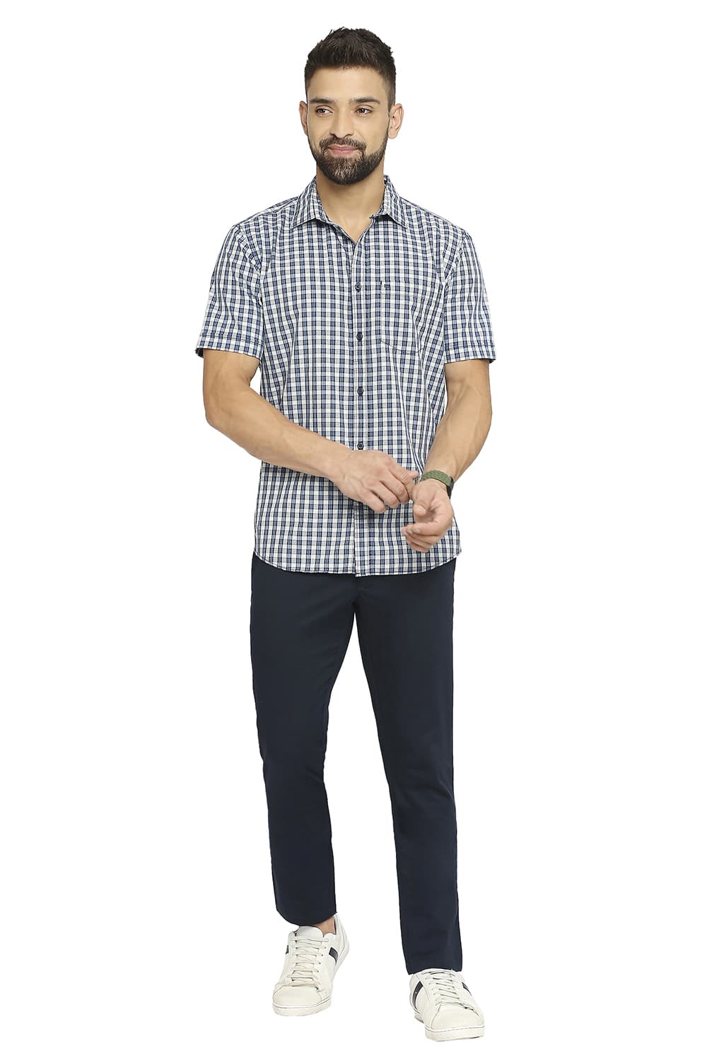 BASICS SLIM FIT COTTON POLYESTER CHECKS HALFSLEEVES SHIRT