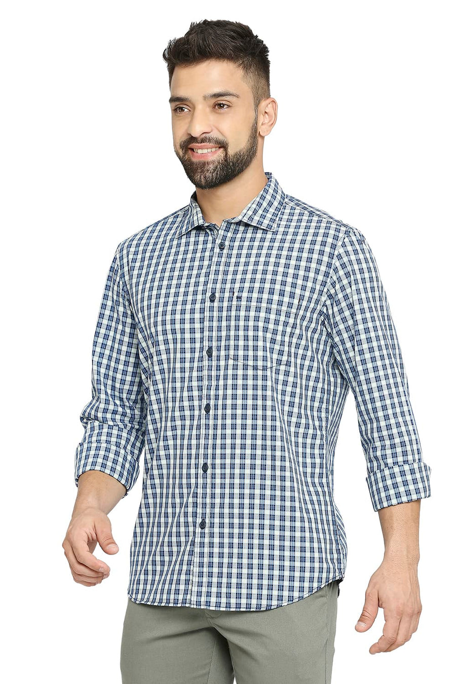 BASICS SLIM FIT TWILIGHT BLUE COTTON POLYESTER CHECKS SHIRT