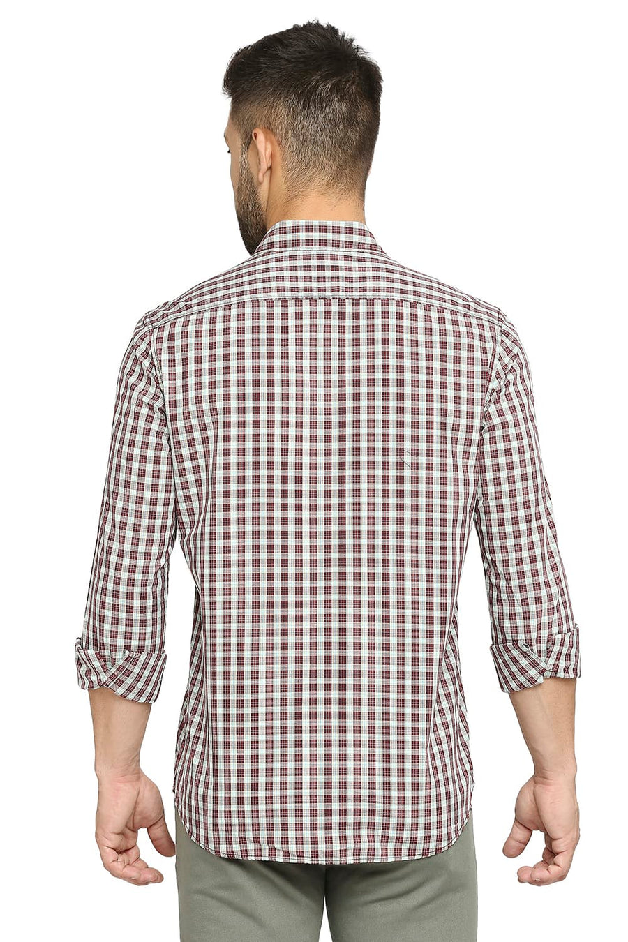 BASICS SLIM FIT CABERNET RED COTTON POLYESTER CHECKS SHIRT