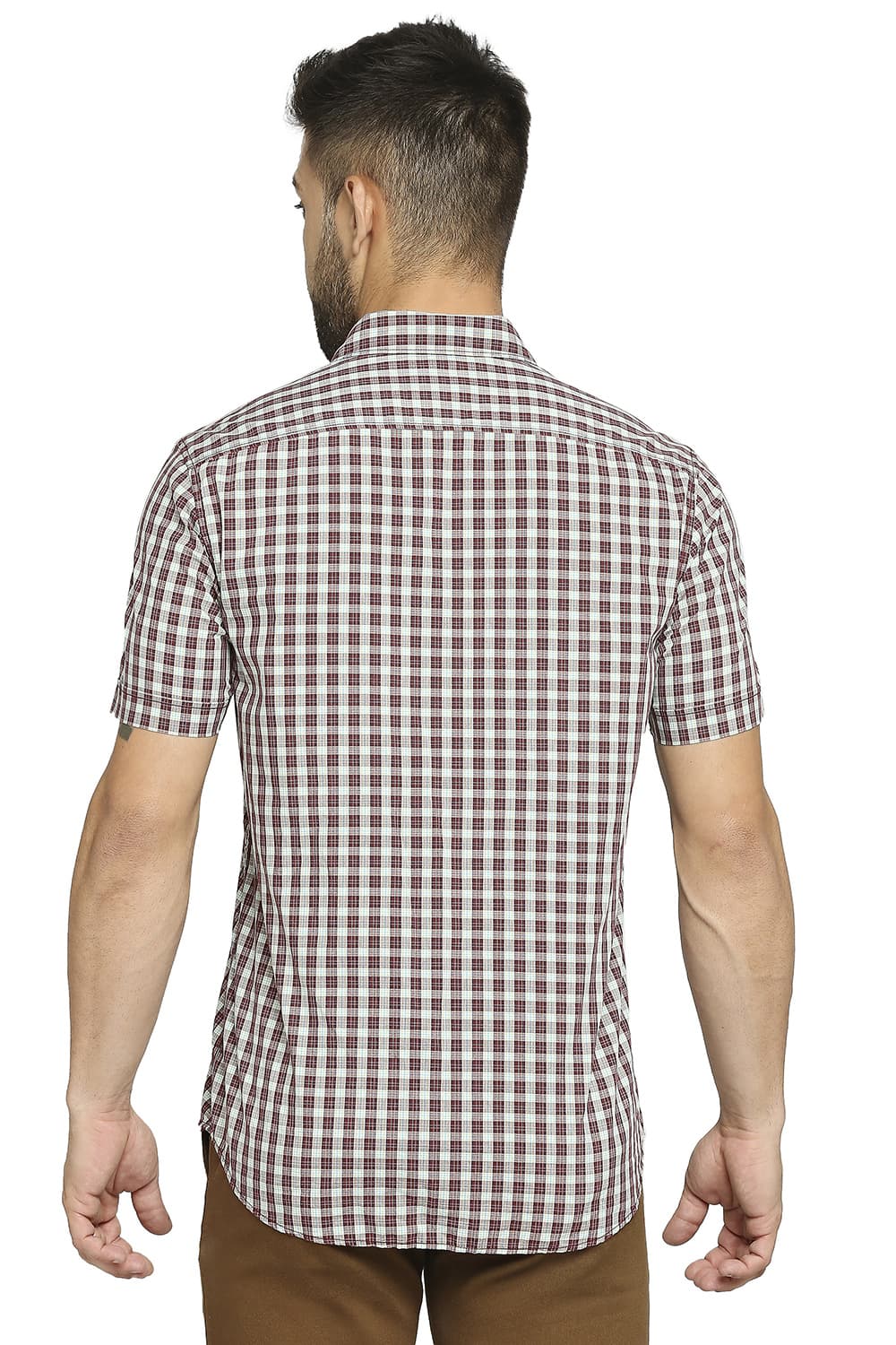 BASICS SLIM FIT COTTON POLYESTER CHECKS HALFSLEEVES SHIRT