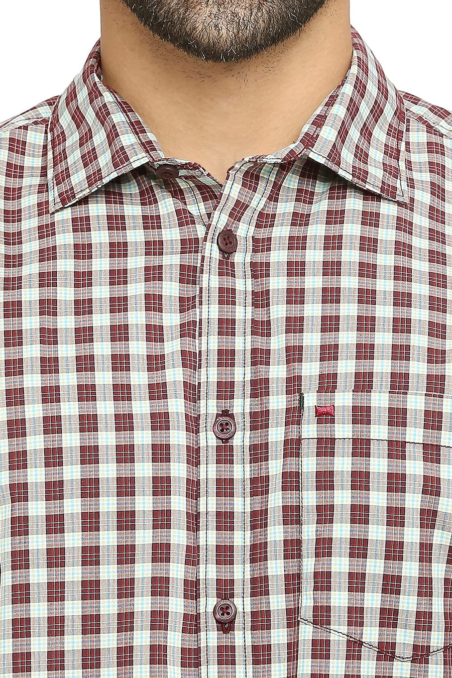 BASICS SLIM FIT CABERNET RED COTTON POLYESTER CHECKS SHIRT