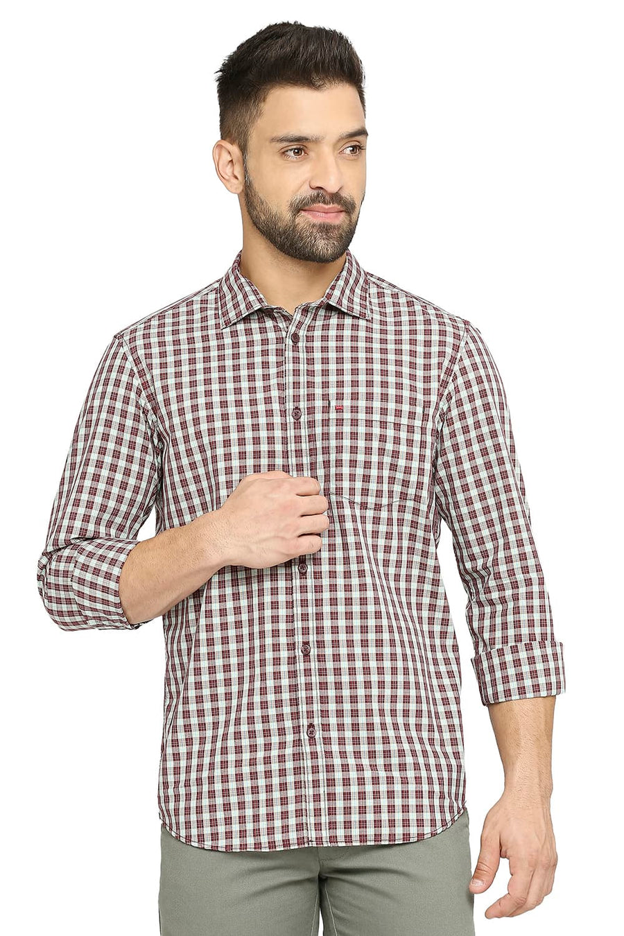 BASICS SLIM FIT CABERNET RED COTTON POLYESTER CHECKS SHIRT