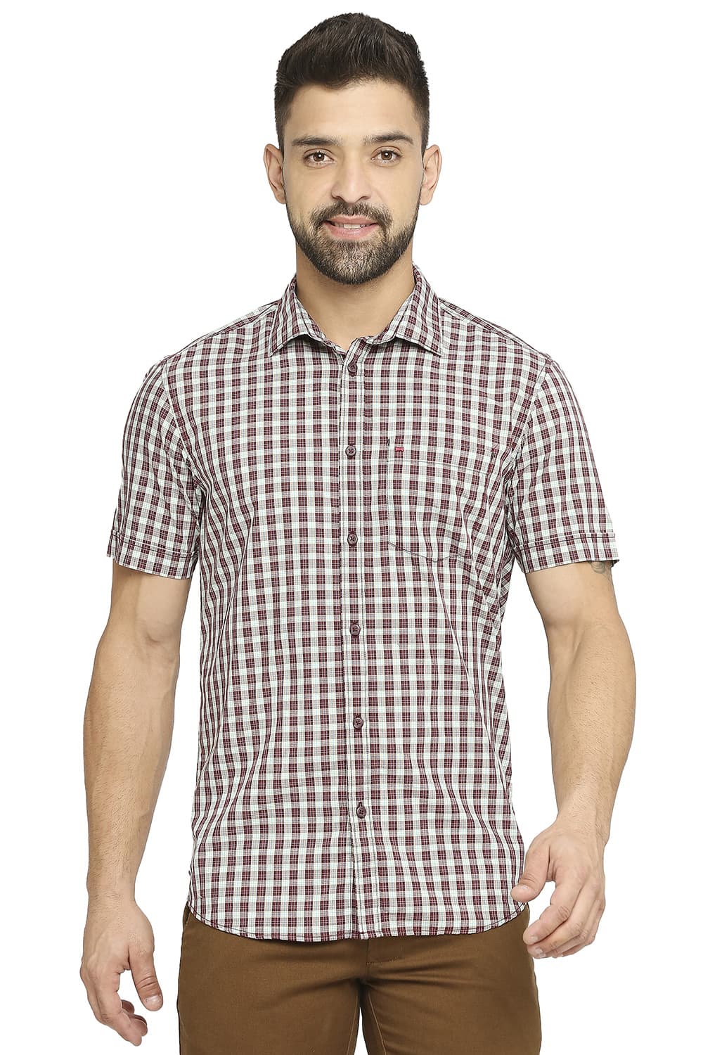 BASICS SLIM FIT COTTON POLYESTER CHECKS HALFSLEEVES SHIRT