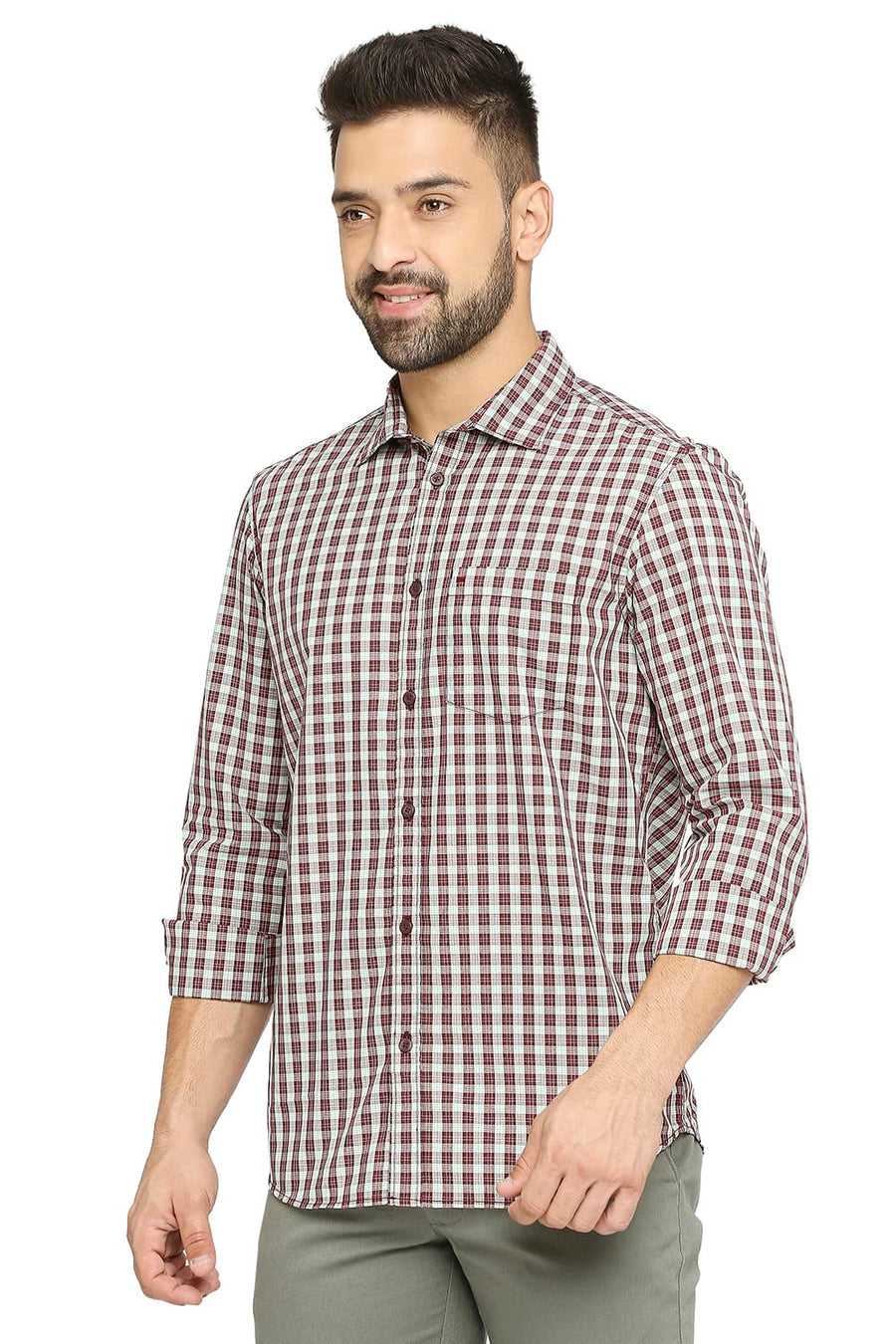 BASICS SLIM FIT CABERNET RED COTTON POLYESTER CHECKS SHIRT