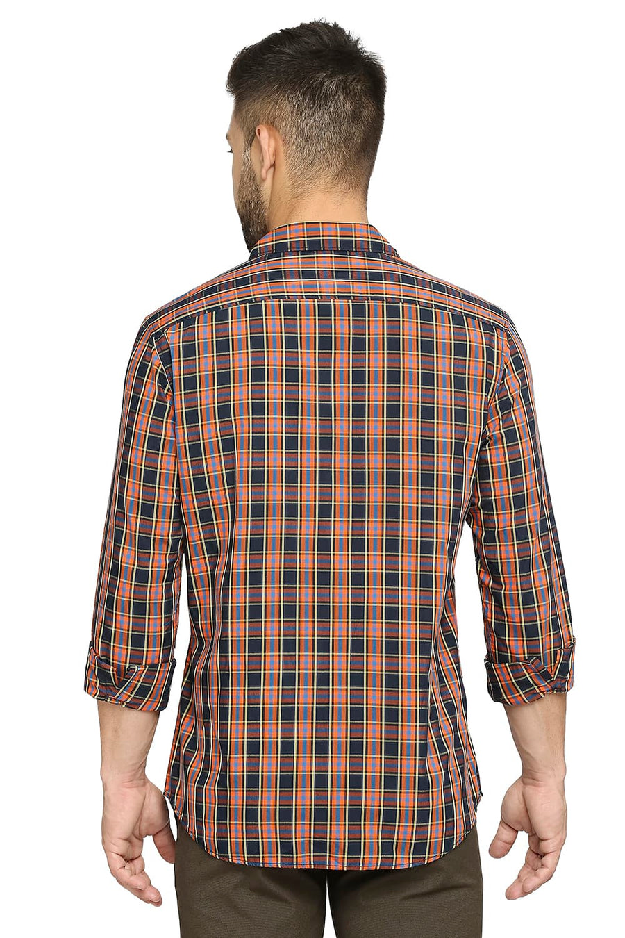 BASICS SLIM FIT ULTRAMARINE NAVY COTTON POLYESTER CHECKS SHIRT