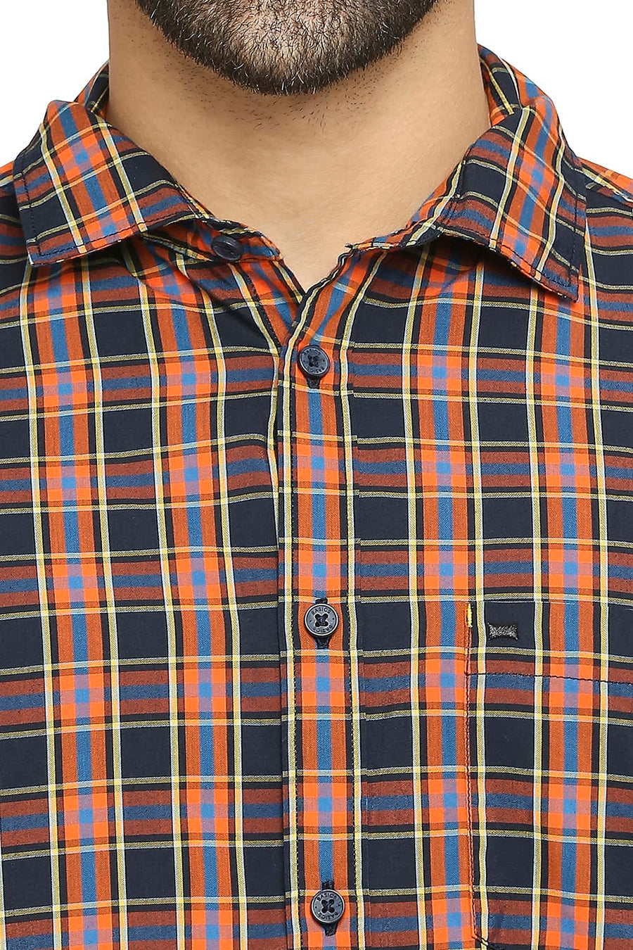 BASICS SLIM FIT ULTRAMARINE NAVY COTTON POLYESTER CHECKS SHIRT