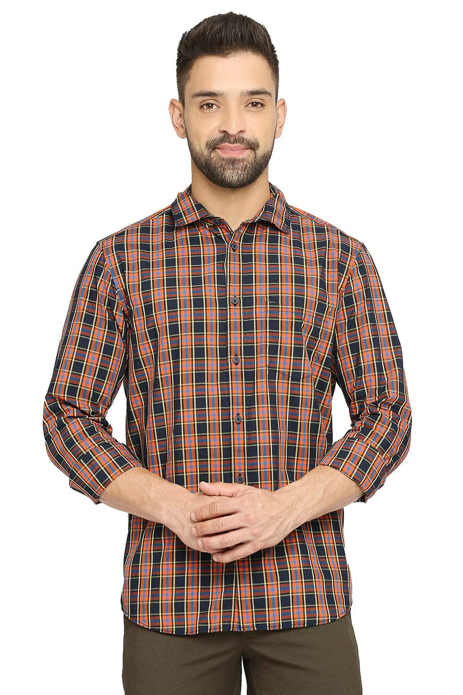 BASICS SLIM FIT ULTRAMARINE NAVY COTTON POLYESTER CHECKS SHIRT