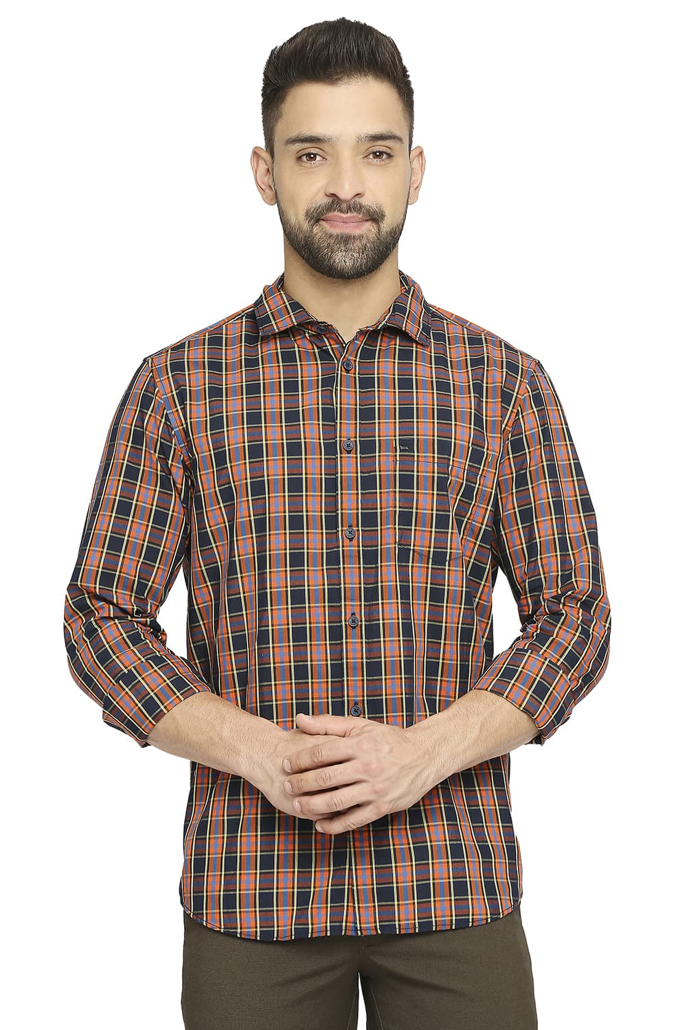 BASICS SLIM FIT COTTON POLYESTER CHECKS SHIRT