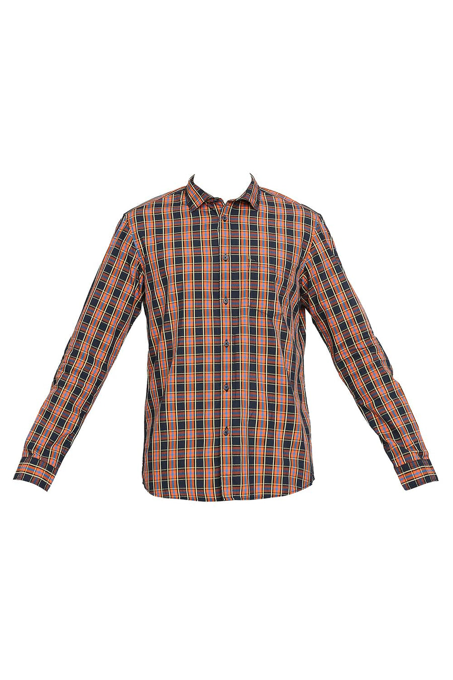 BASICS SLIM FIT ULTRAMARINE NAVY COTTON POLYESTER CHECKS SHIRT