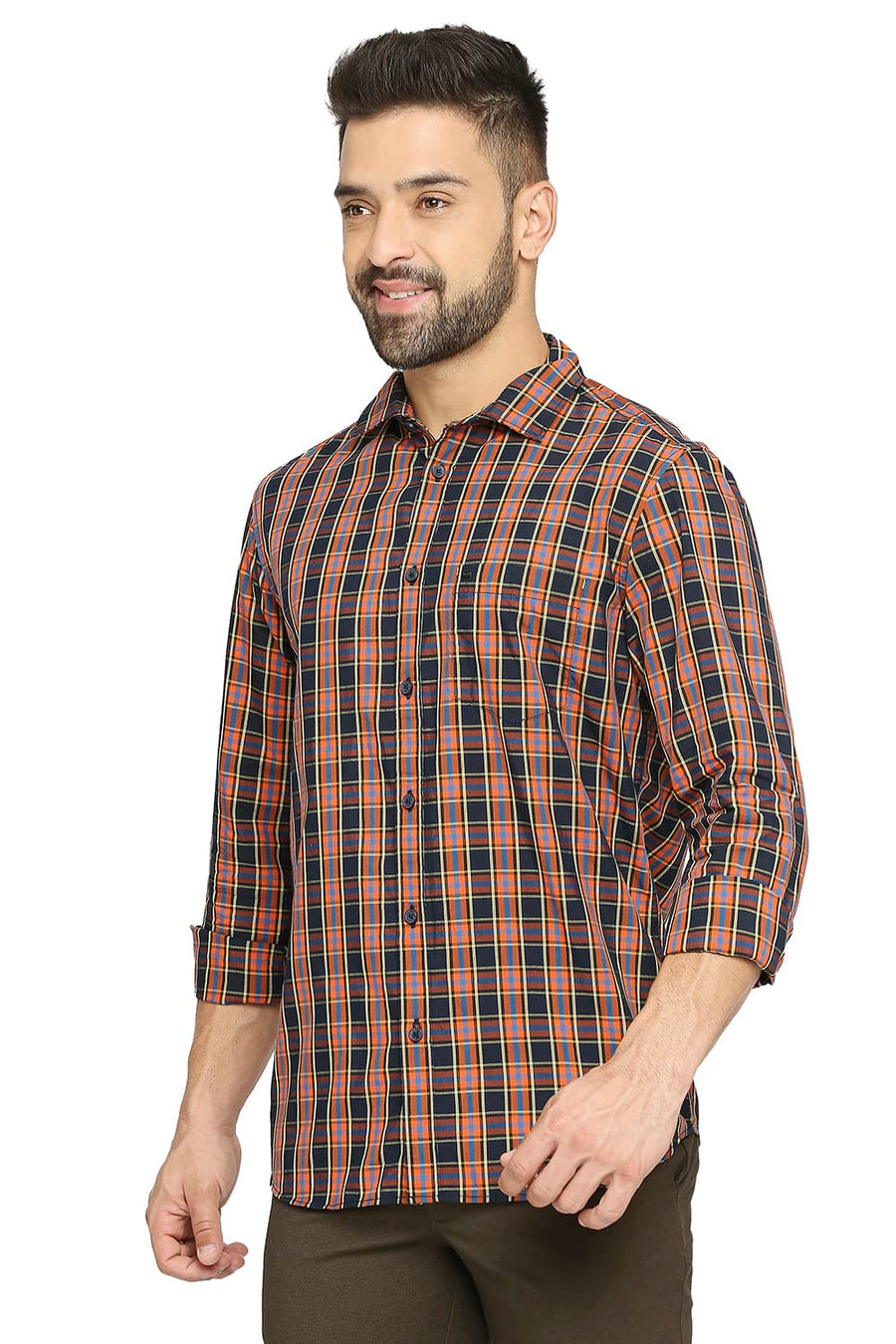 BASICS SLIM FIT ULTRAMARINE NAVY COTTON POLYESTER CHECKS SHIRT