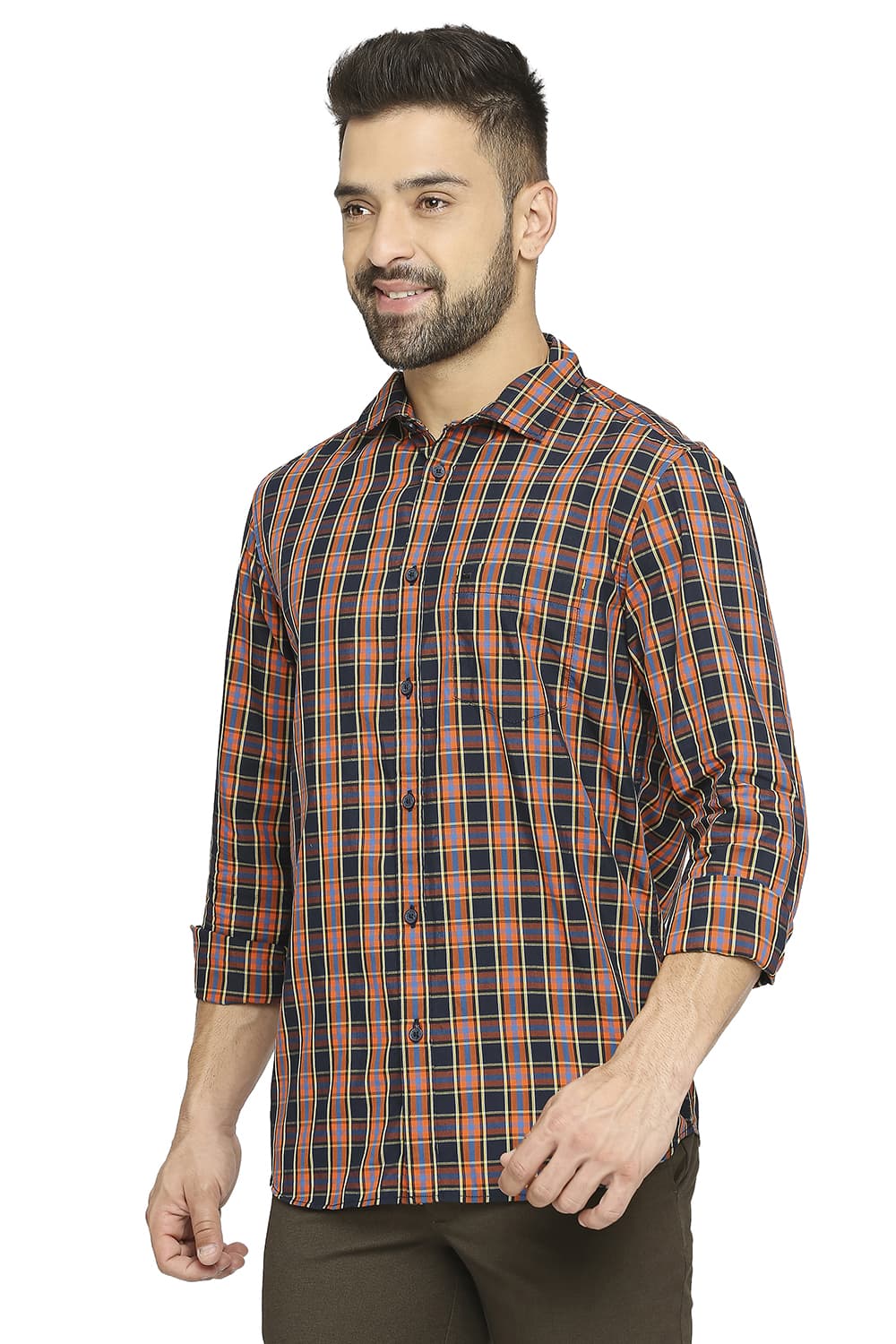 BASICS SLIM FIT COTTON POLYESTER CHECKS SHIRT