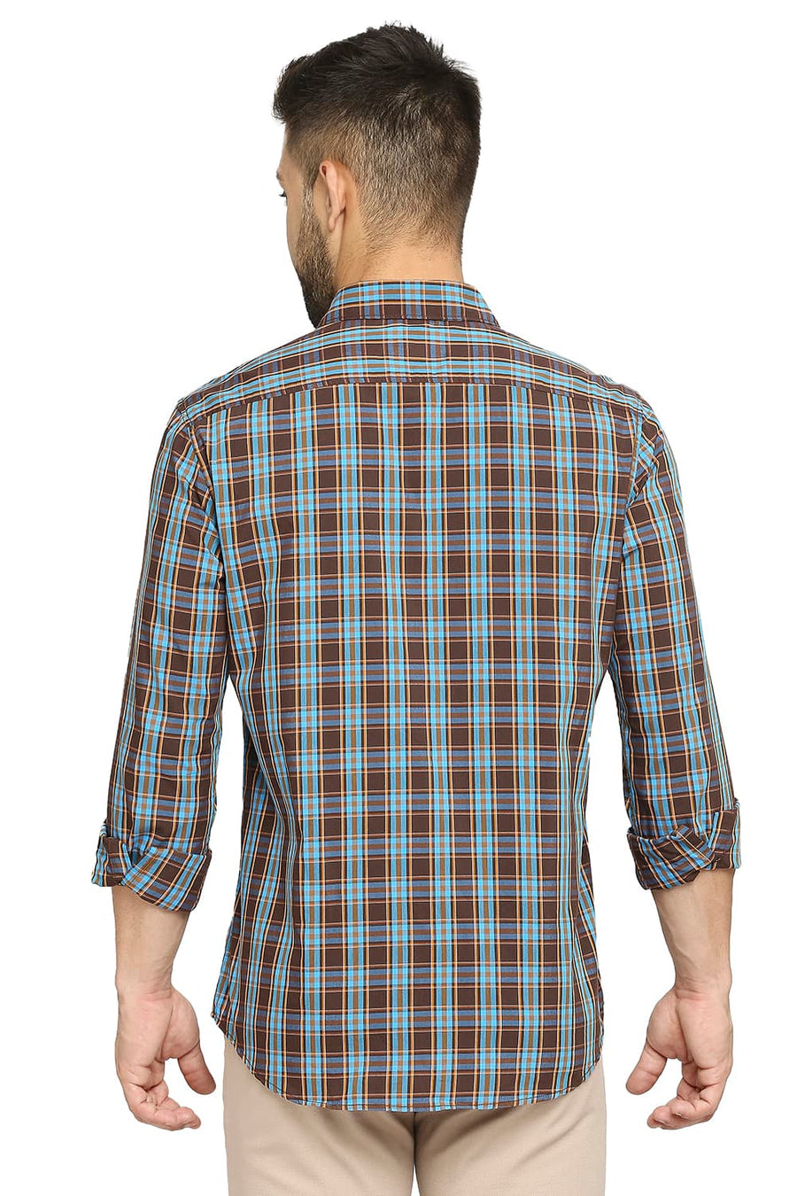 BASICS SLIM FIT CAPPUCCINO BROWN COTTON POLYESTER CHECKS SHIRT