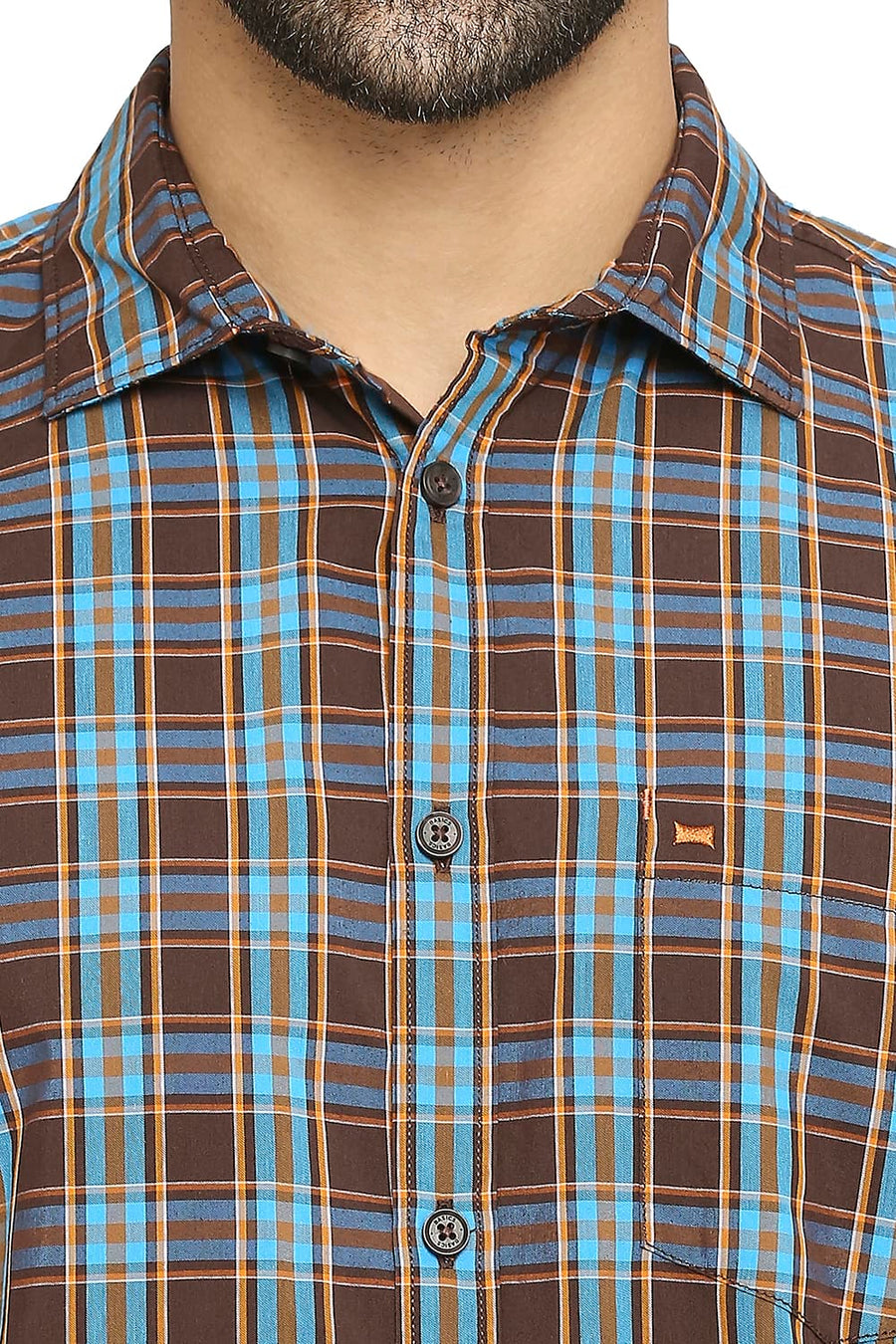 BASICS SLIM FIT CAPPUCCINO BROWN COTTON POLYESTER CHECKS SHIRT