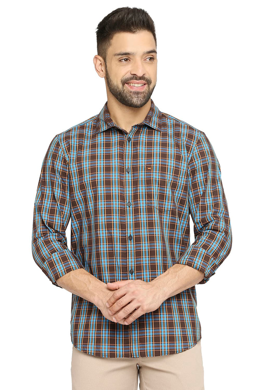 BASICS SLIM FIT CAPPUCCINO BROWN COTTON POLYESTER CHECKS SHIRT