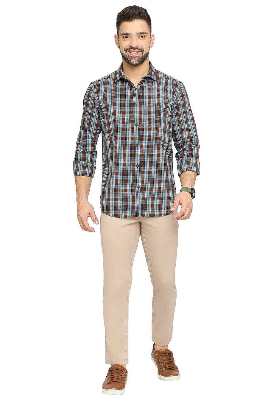 BASICS SLIM FIT CAPPUCCINO BROWN COTTON POLYESTER CHECKS SHIRT