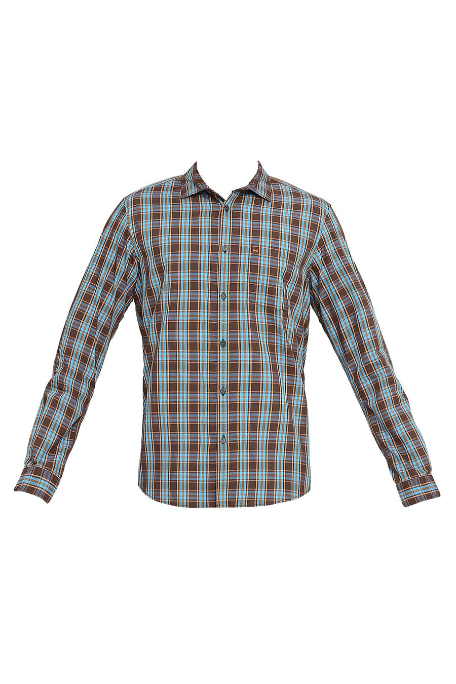 BASICS SLIM FIT CAPPUCCINO BROWN COTTON POLYESTER CHECKS SHIRT