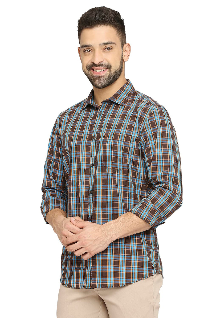 BASICS SLIM FIT CAPPUCCINO BROWN COTTON POLYESTER CHECKS SHIRT