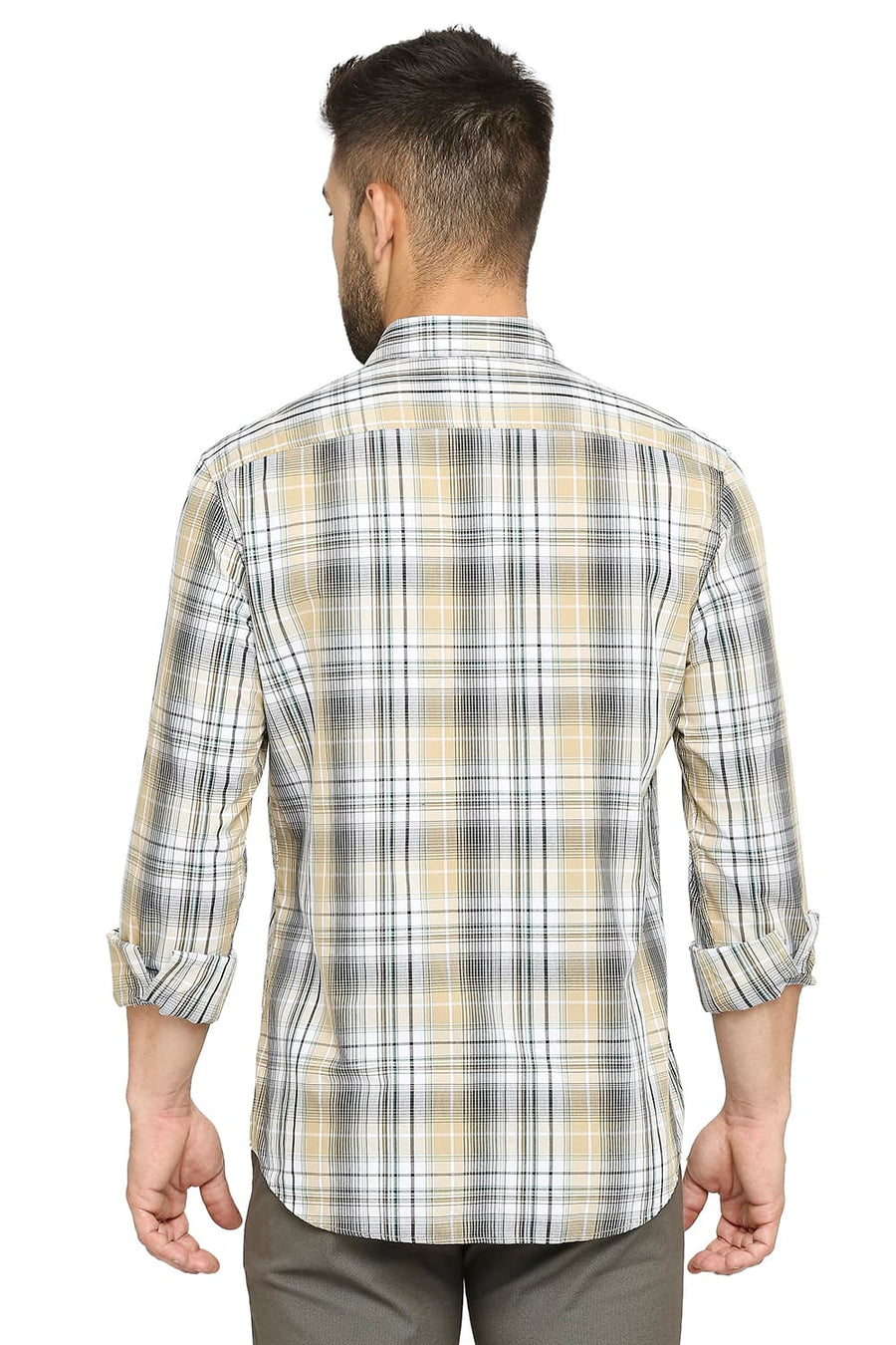 BASICS SLIM FIT PEPPER BEIGE COTTON POLYESTER CHECKS SHIRT