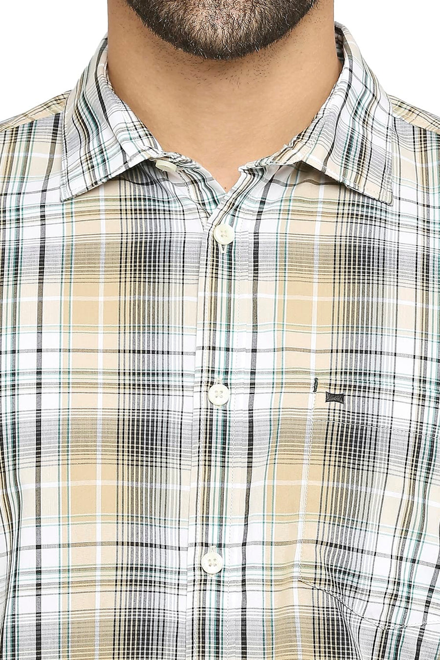BASICS SLIM FIT PEPPER BEIGE COTTON POLYESTER CHECKS SHIRT